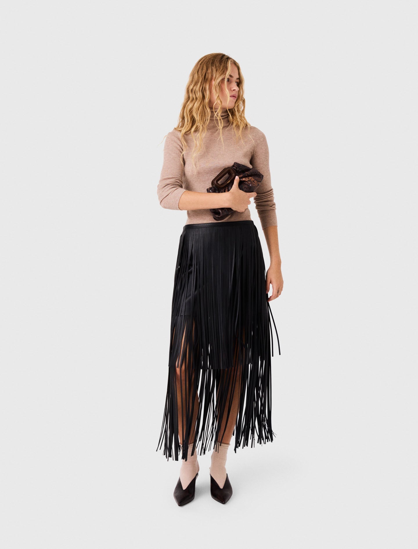 Fringed Faux Leather Skirt Black
