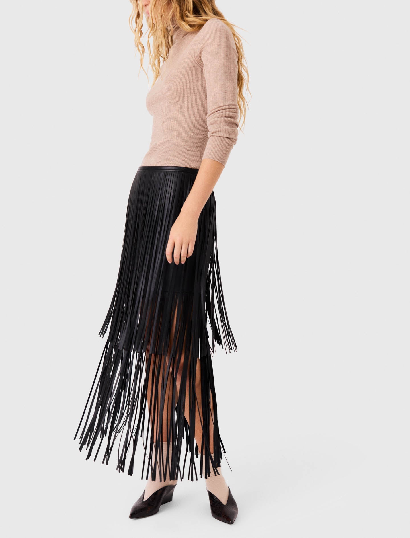 Fringed Faux Leather Skirt Black