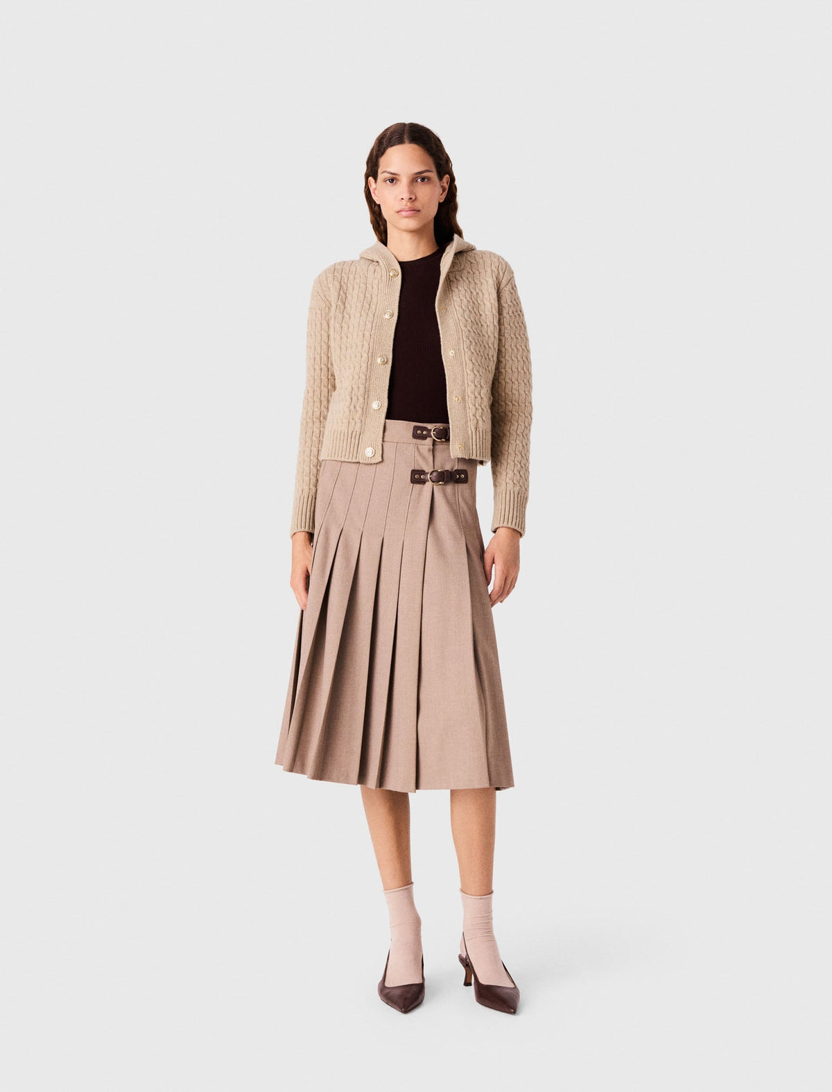 Pleated Midi Skirt With Buckles Beige