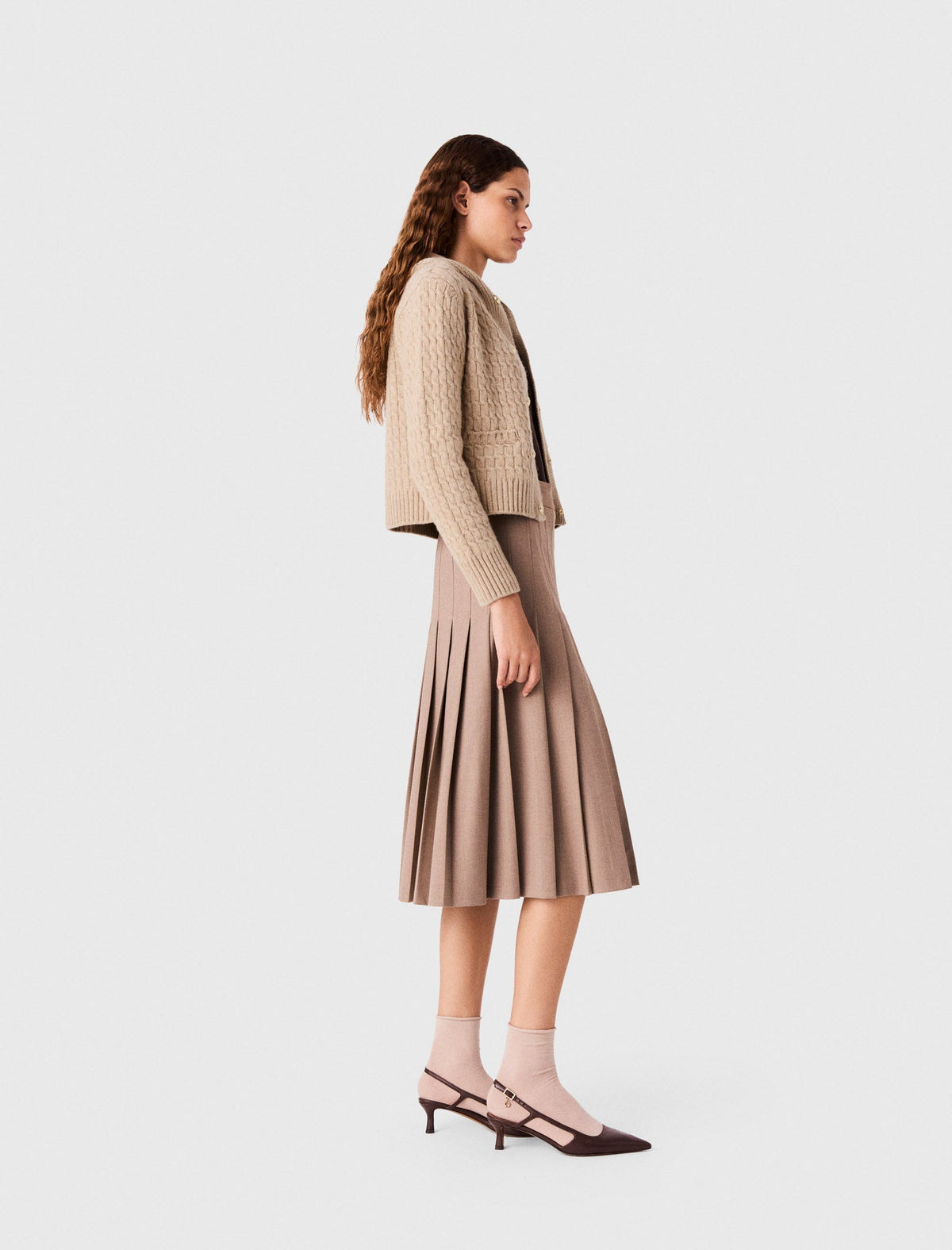 Pleated Midi Skirt With Buckles Beige