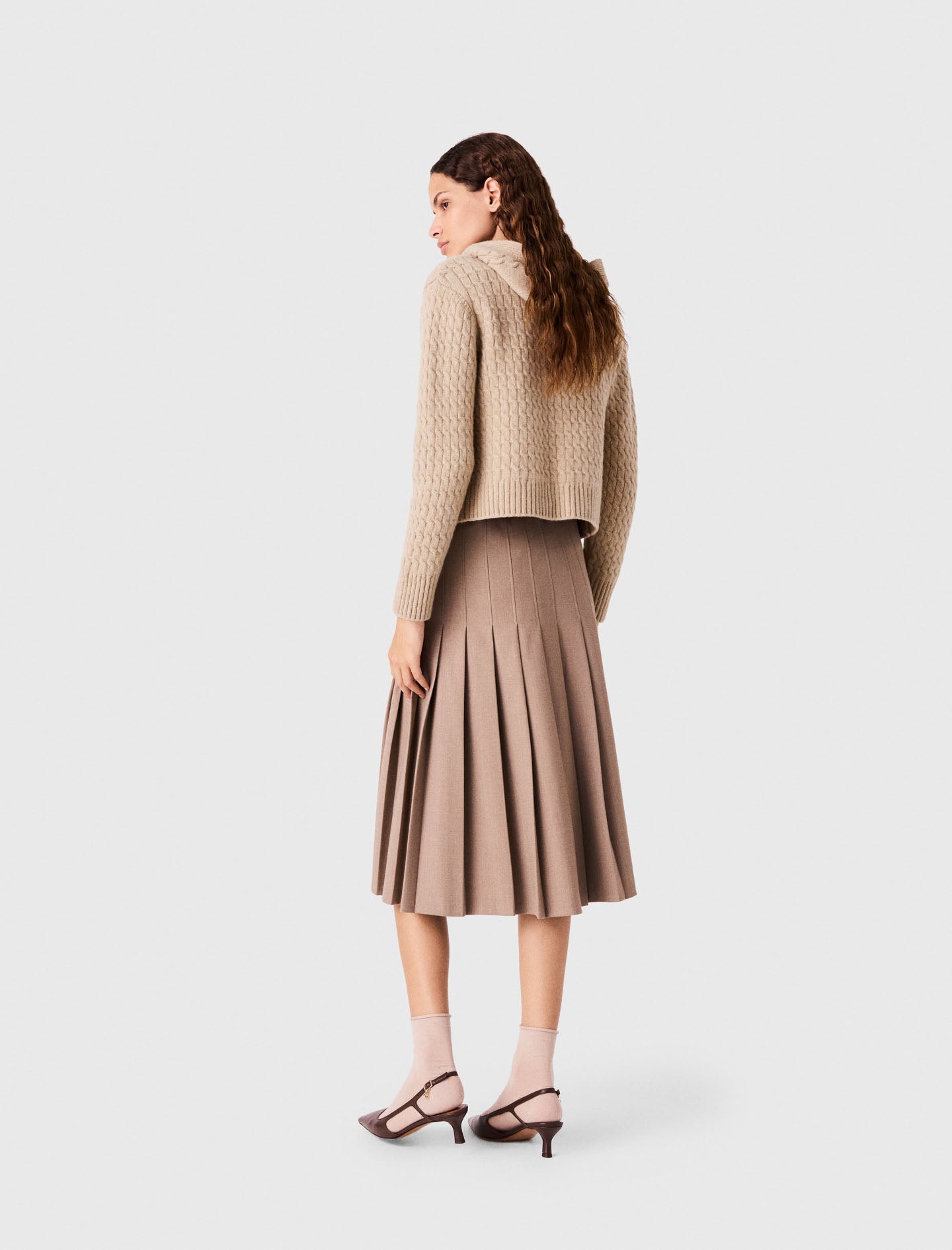 Pleated Midi Skirt With Buckles Beige
