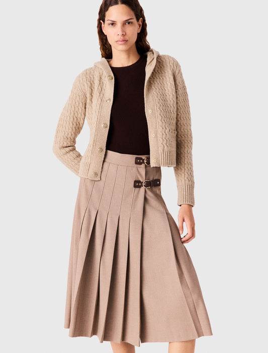 Pleated Midi Skirt With Buckles Beige
