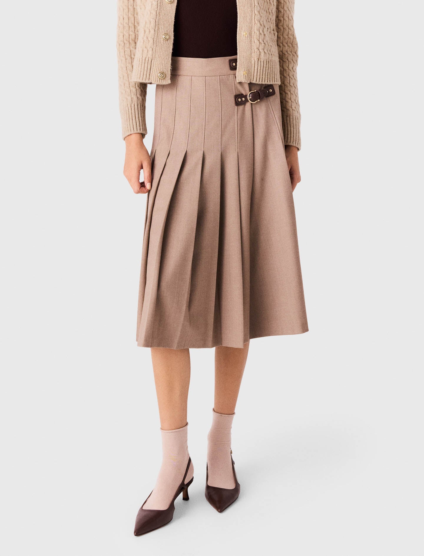 Pleated Midi Skirt With Buckles Beige