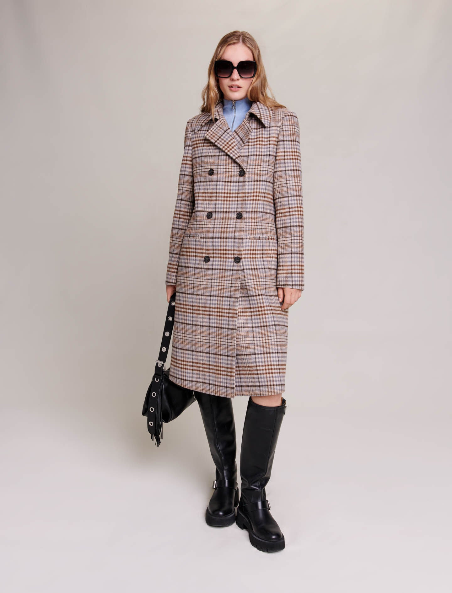Beige-featured-long checked coat