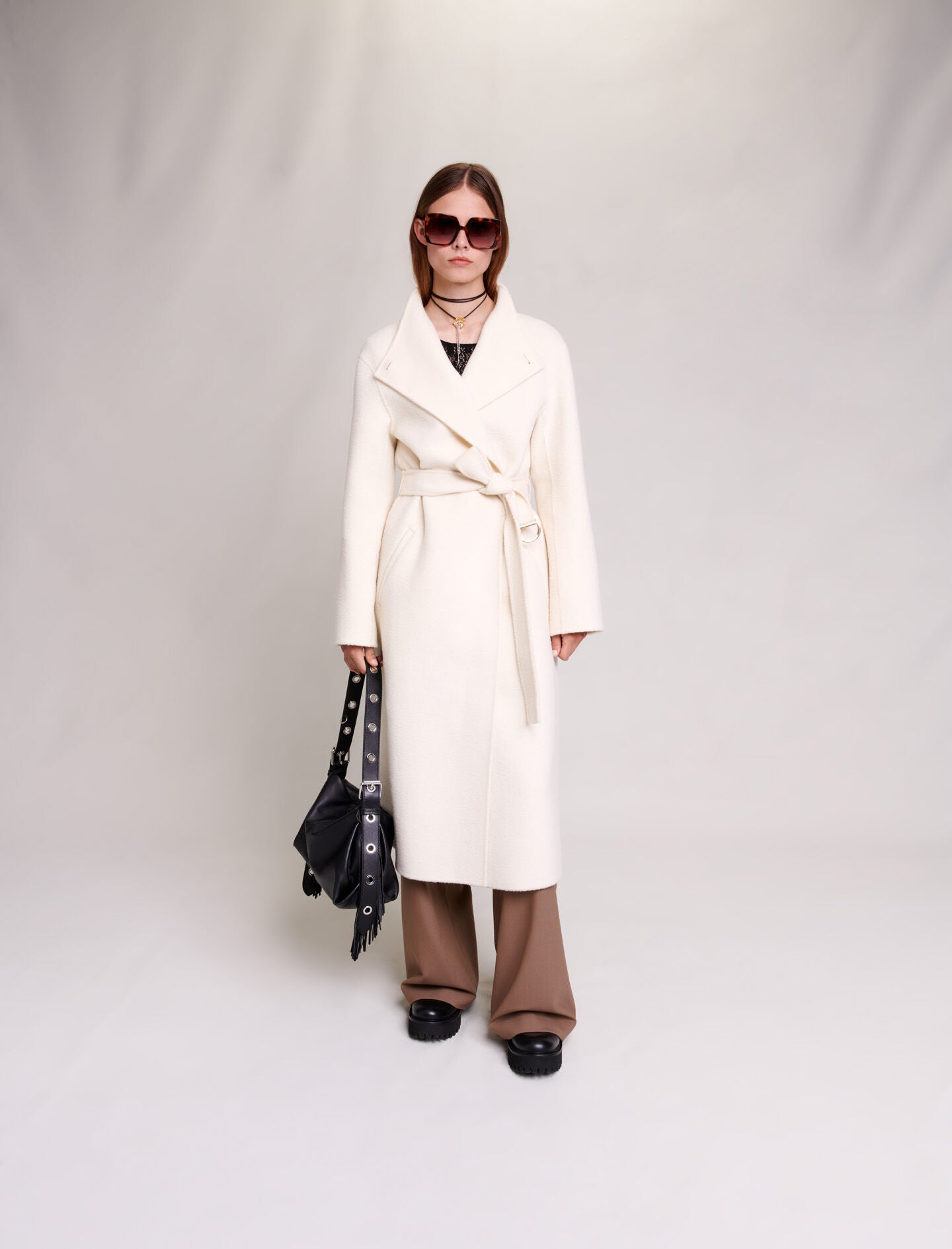 Ecru-featured-mid-length coat with tie fastening