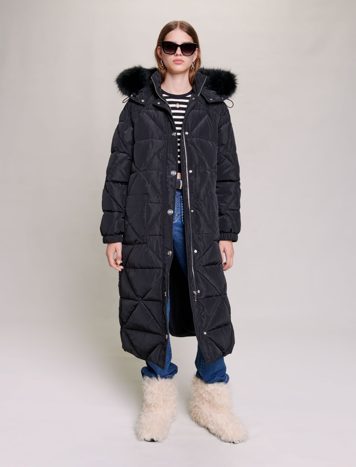 Black-featured-long padded jacket