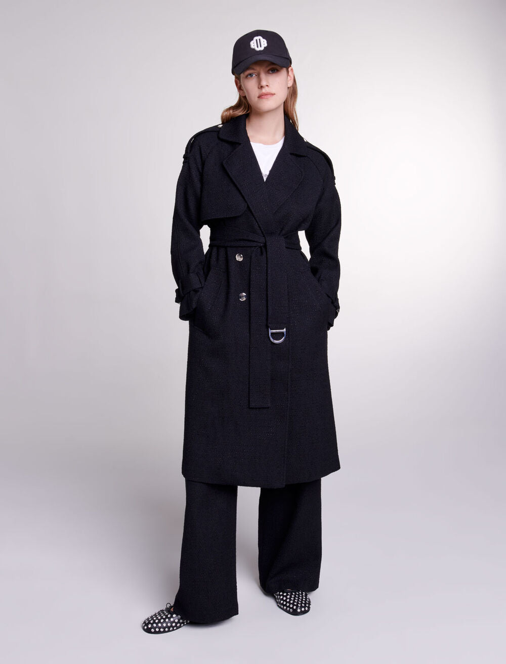 Black-featured-Tweed Trench Coat