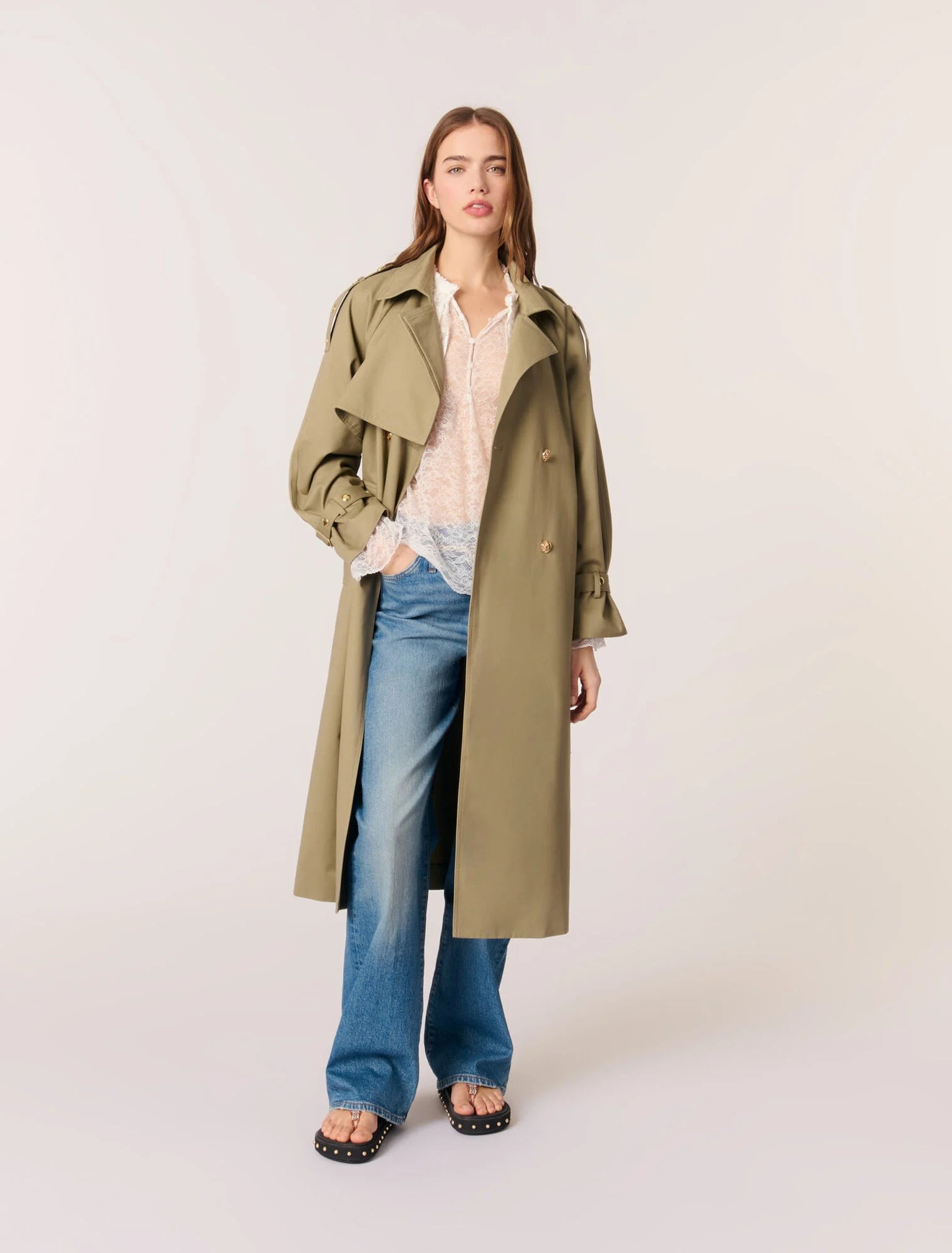 Khaki-featured-Removable Collar Stud Trench Coat