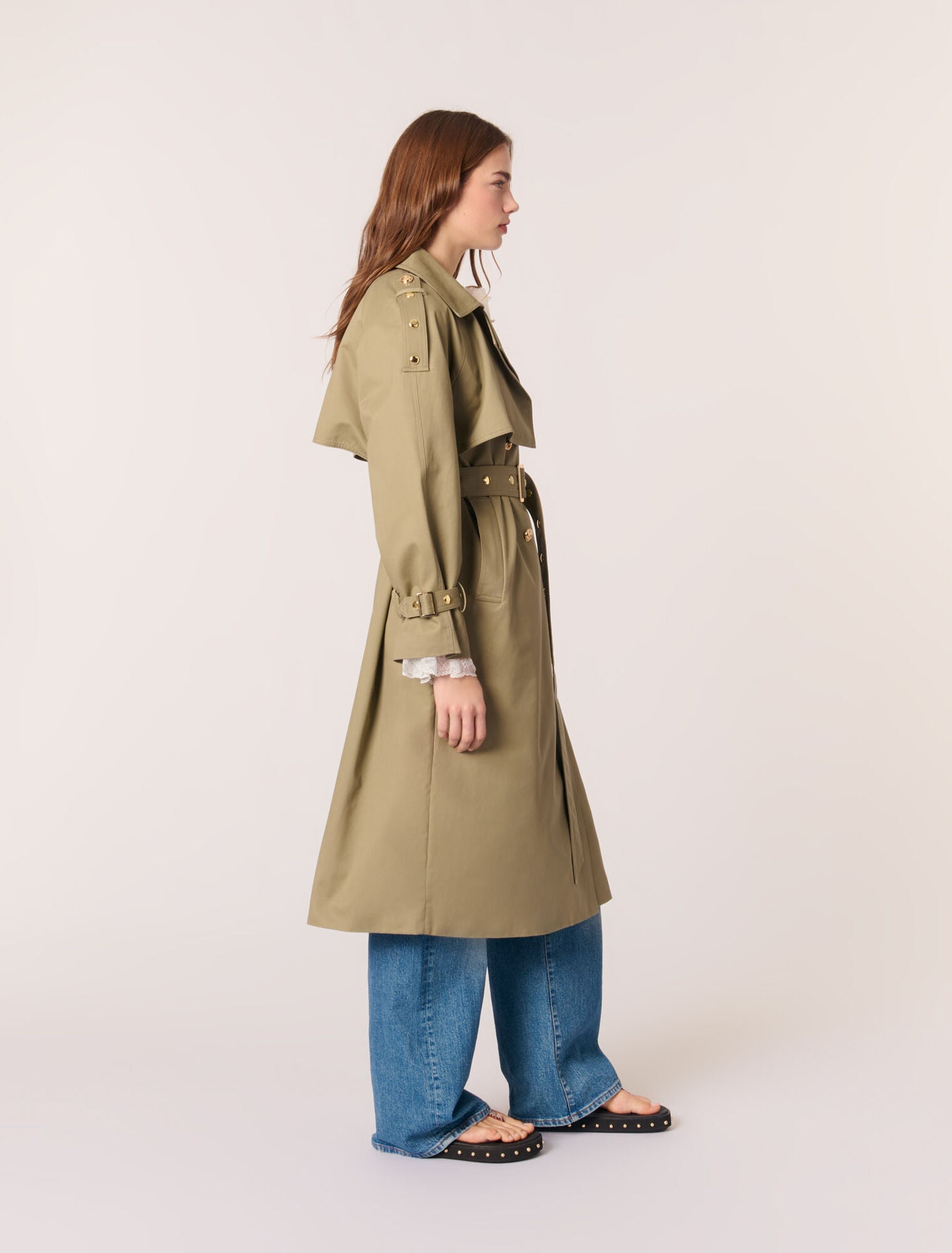 Khaki-Removable Collar Stud Trench Coat