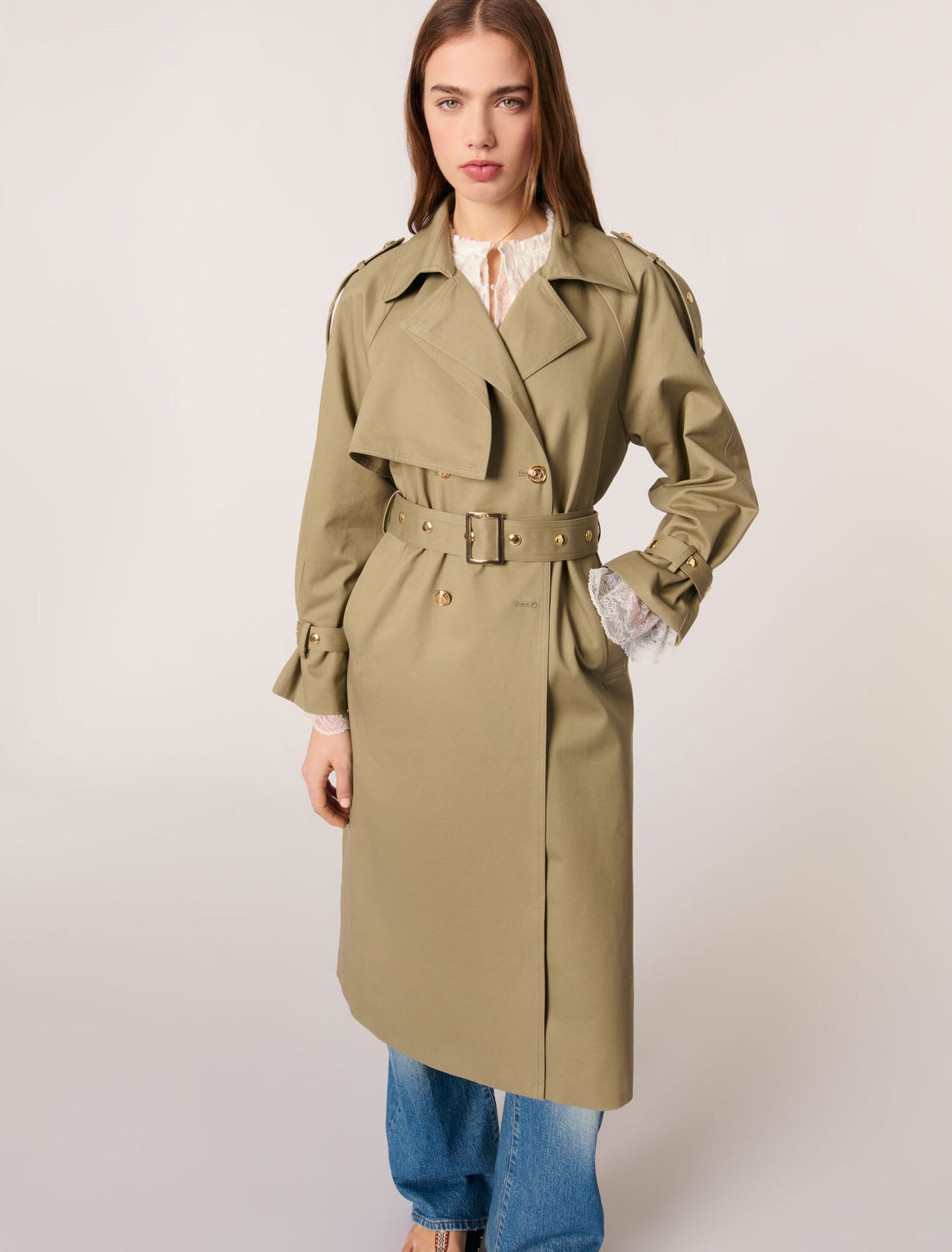 Khaki-Removable Collar Stud Trench Coat