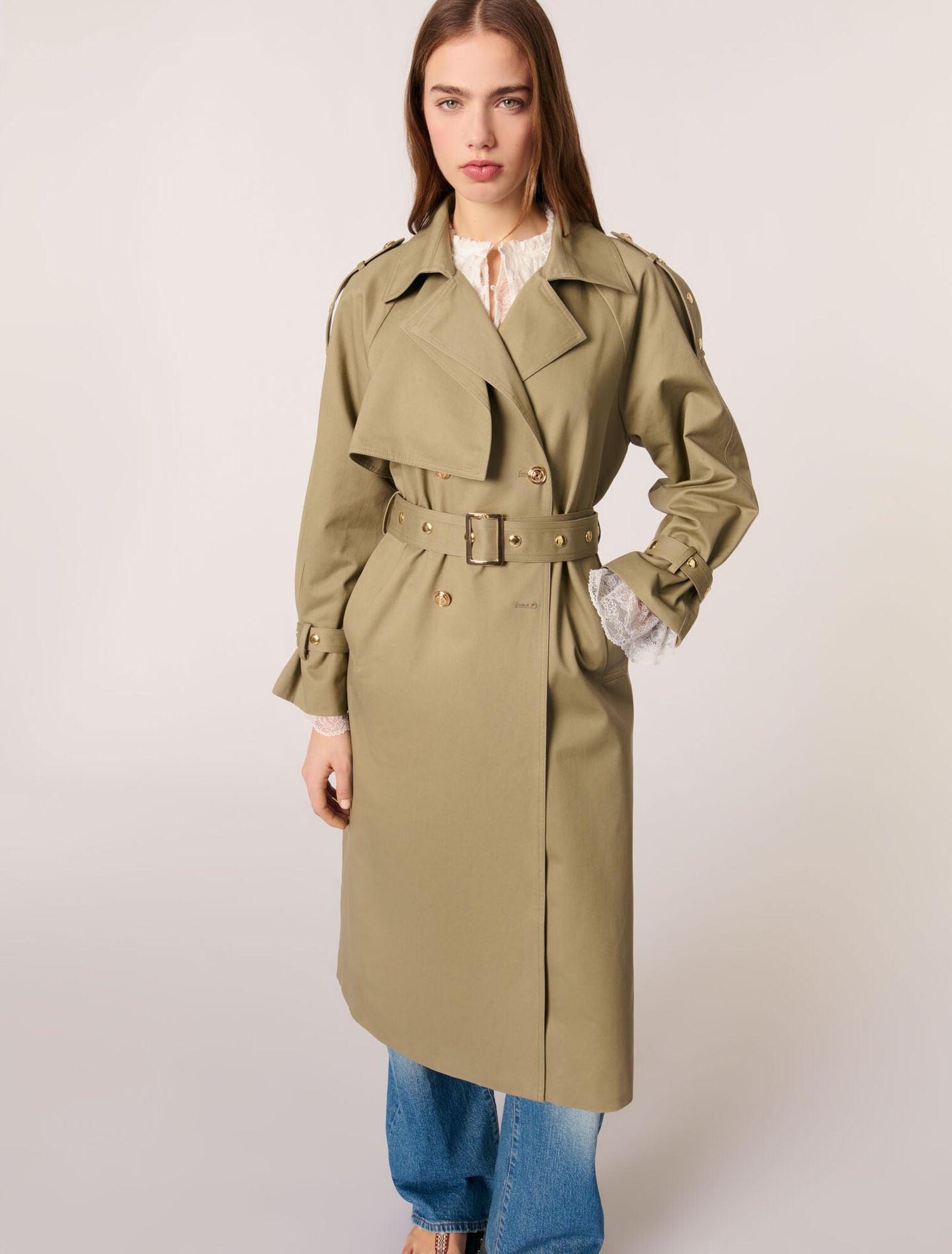 Khaki-Removable Collar Stud Trench Coat