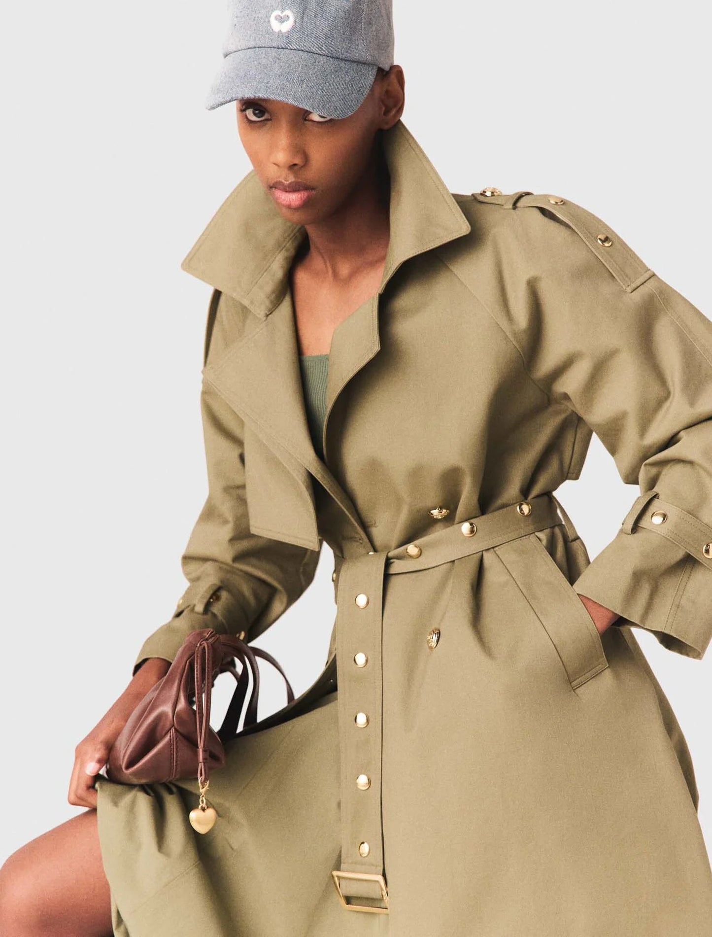 Removable Collar Stud Trench Coat Khaki