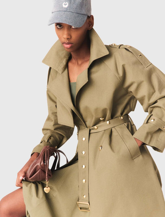Removable Collar Stud Trench Coat Khaki