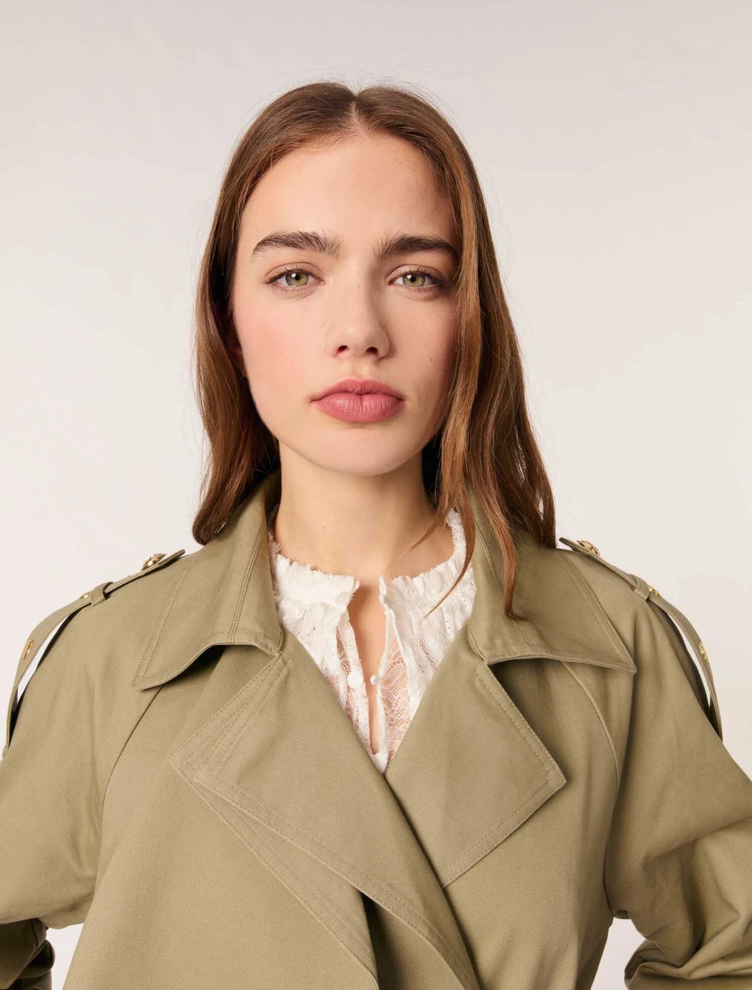 Khaki-Removable Collar Stud Trench Coat