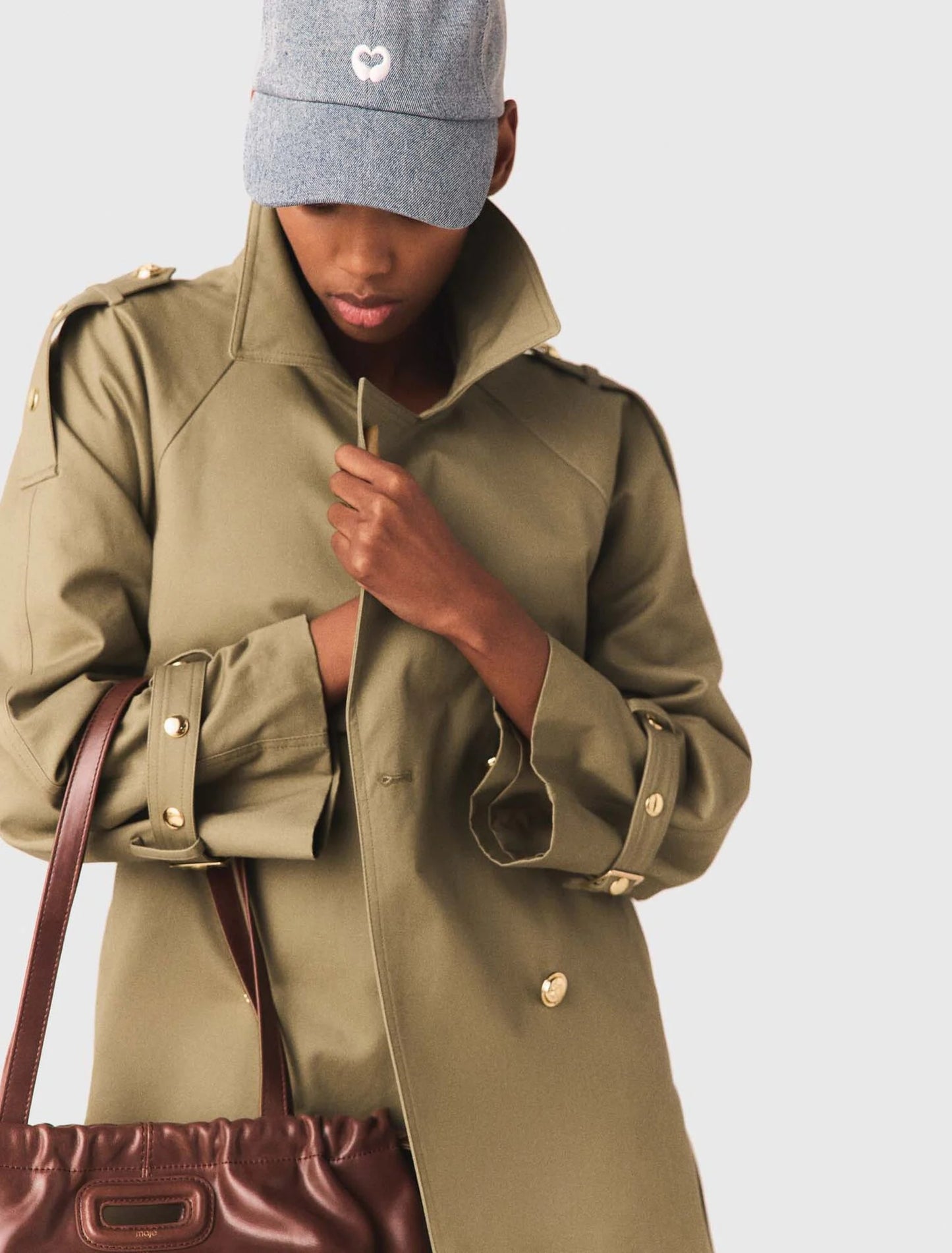 Removable Collar Stud Trench Coat Khaki