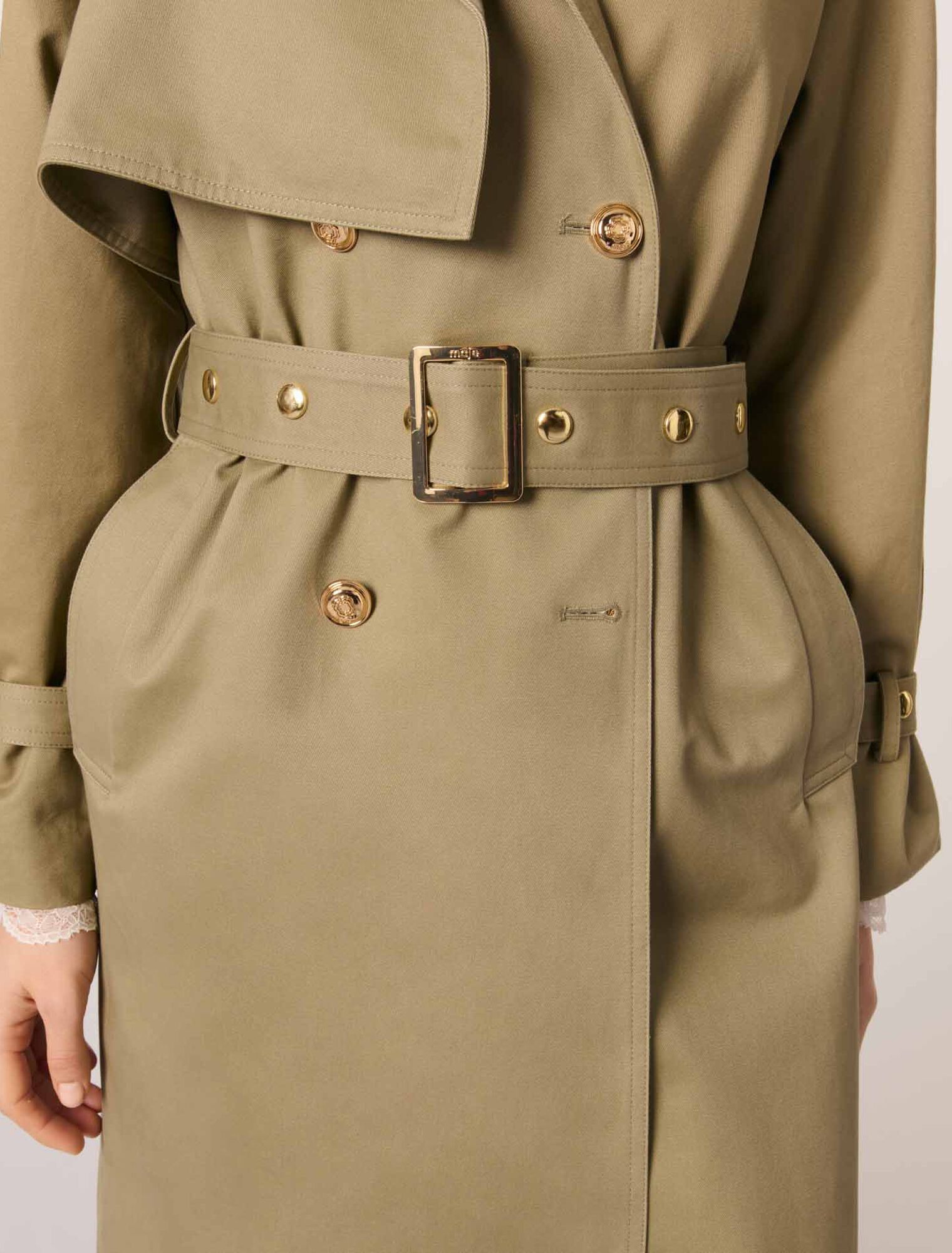 Khaki-Removable Collar Stud Trench Coat
