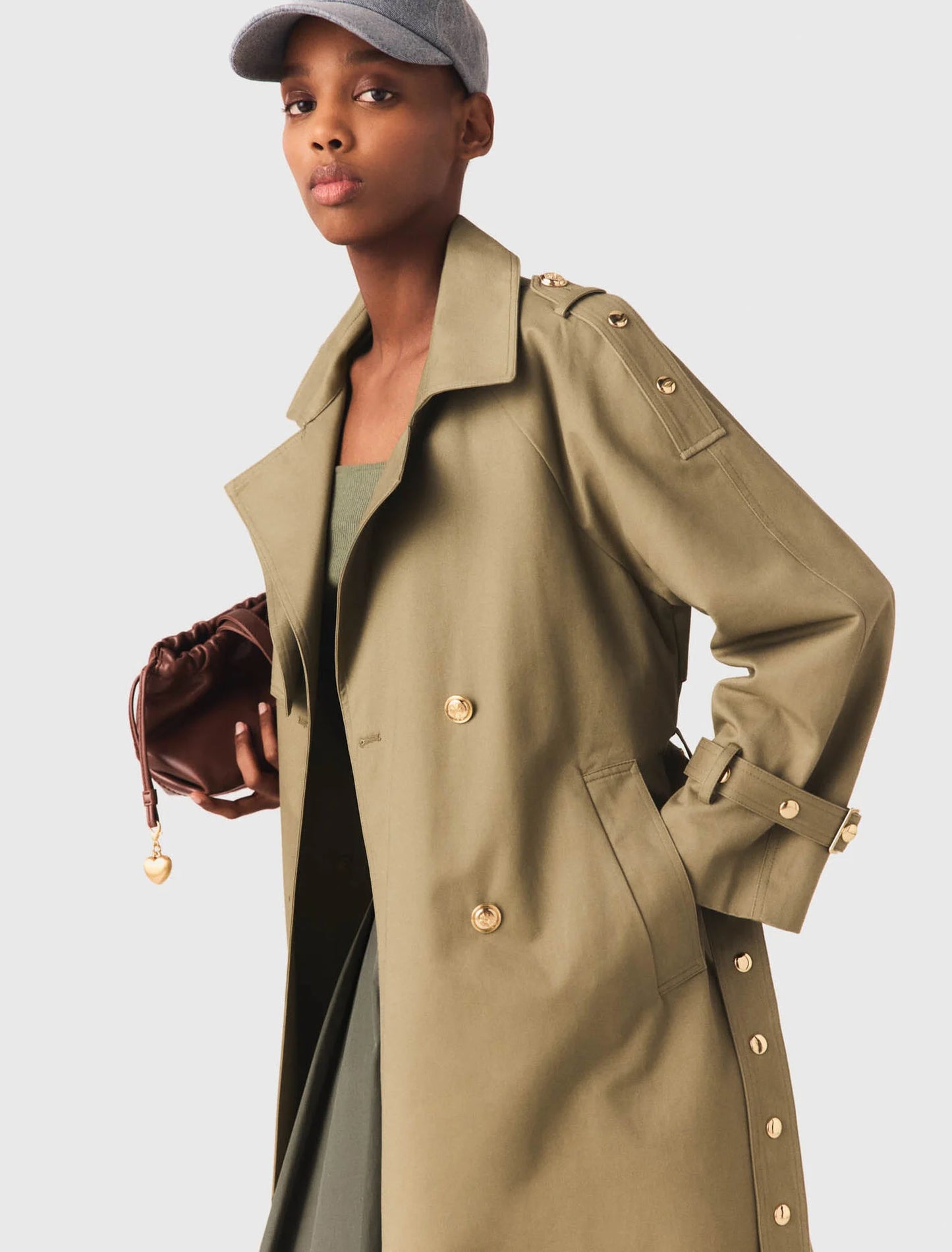 Removable Collar Stud Trench Coat Khaki