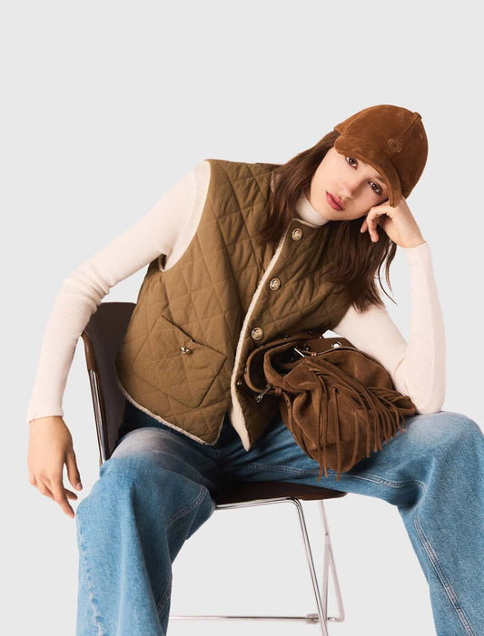 Short sleeveless puffer jacket Ecru Khaki