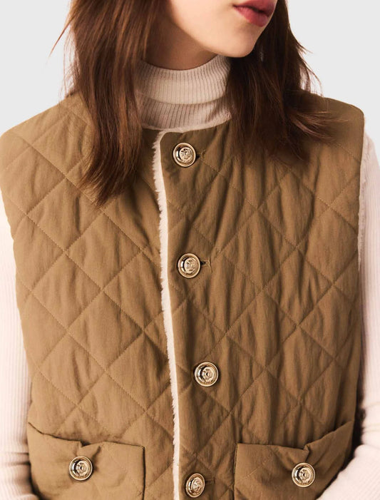 Short sleeveless puffer jacket Ecru Khaki