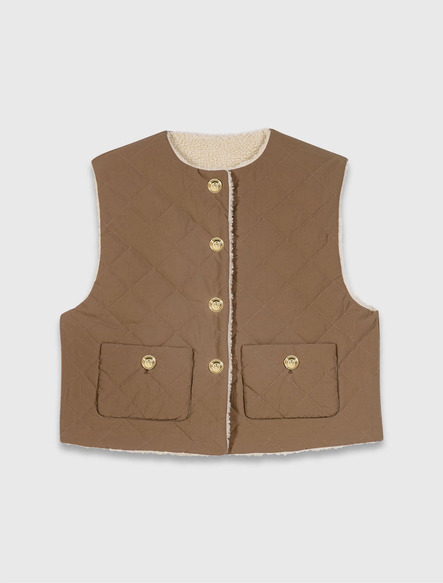 Short sleeveless puffer jacket Ecru Khaki