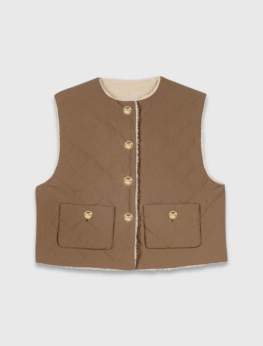 Short sleeveless puffer jacket Ecru Khaki