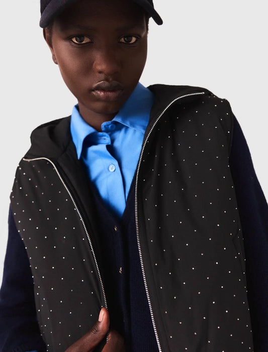 Rhinestone sleeveless puffer jacket Black