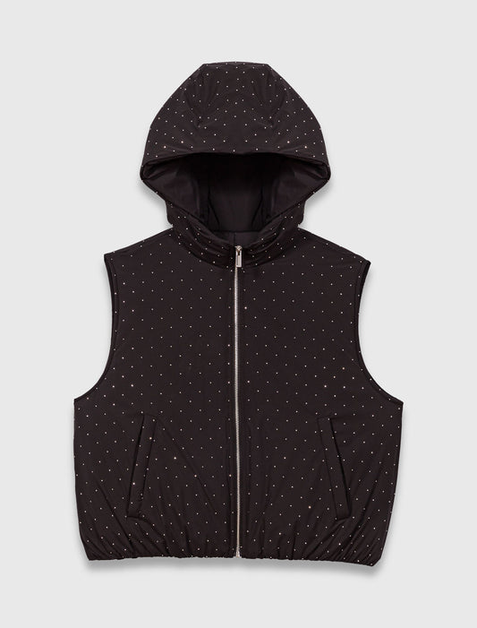 Rhinestone sleeveless puffer jacket Black