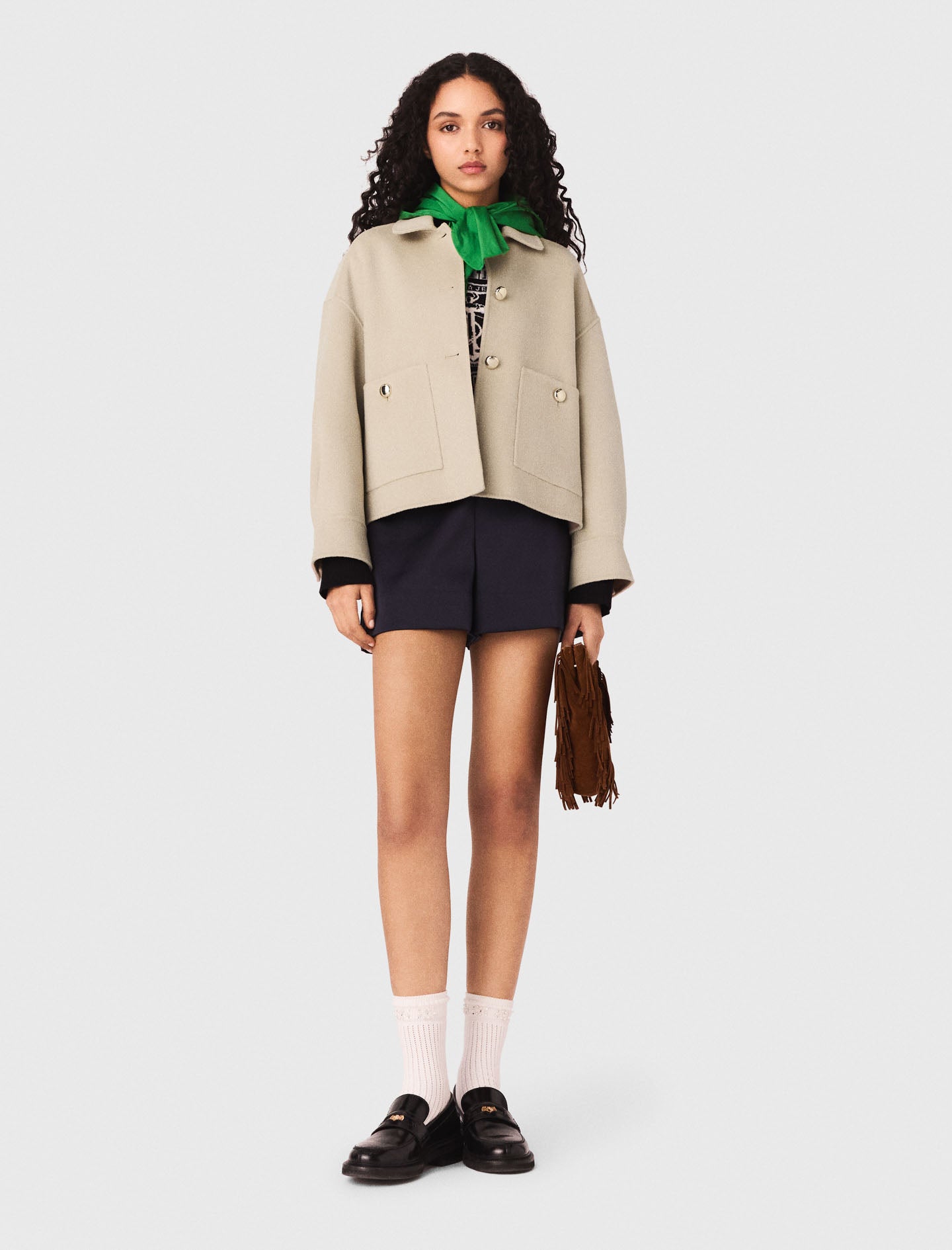 Short Pleated-Back Wool Jacket BEIGE