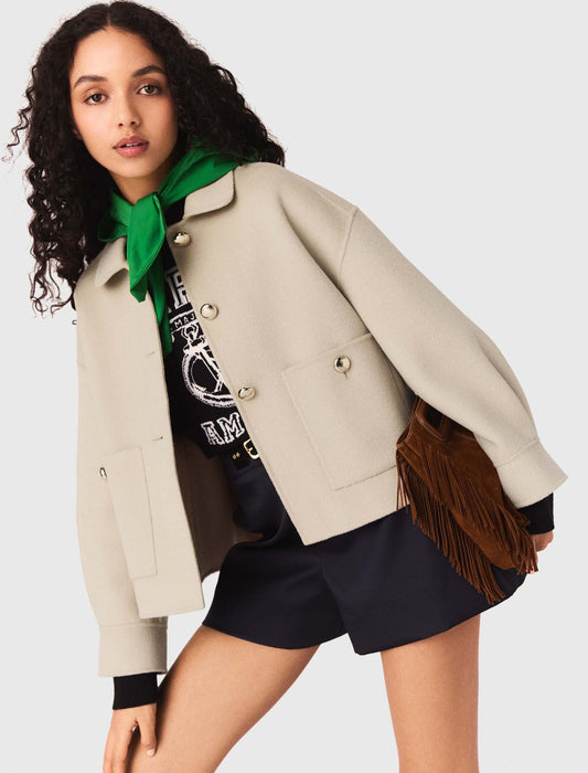 Short Pleated-Back Wool Jacket BEIGE