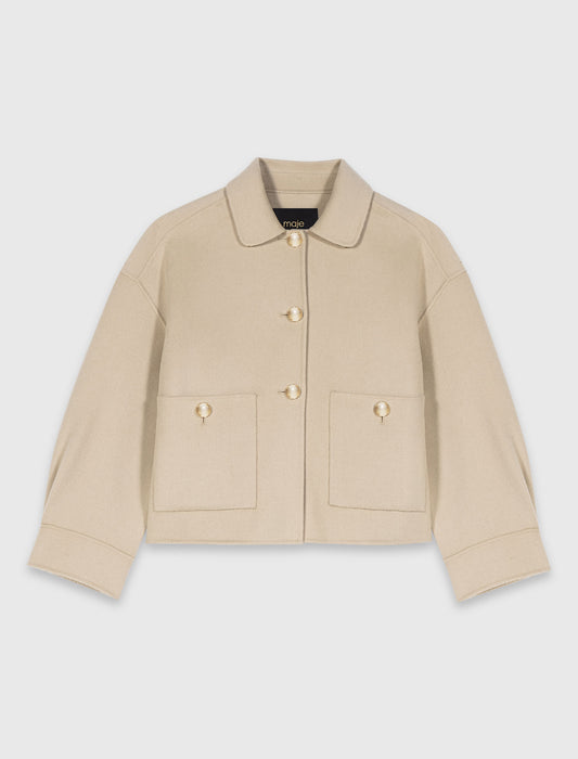 Short Pleated-Back Wool Jacket BEIGE