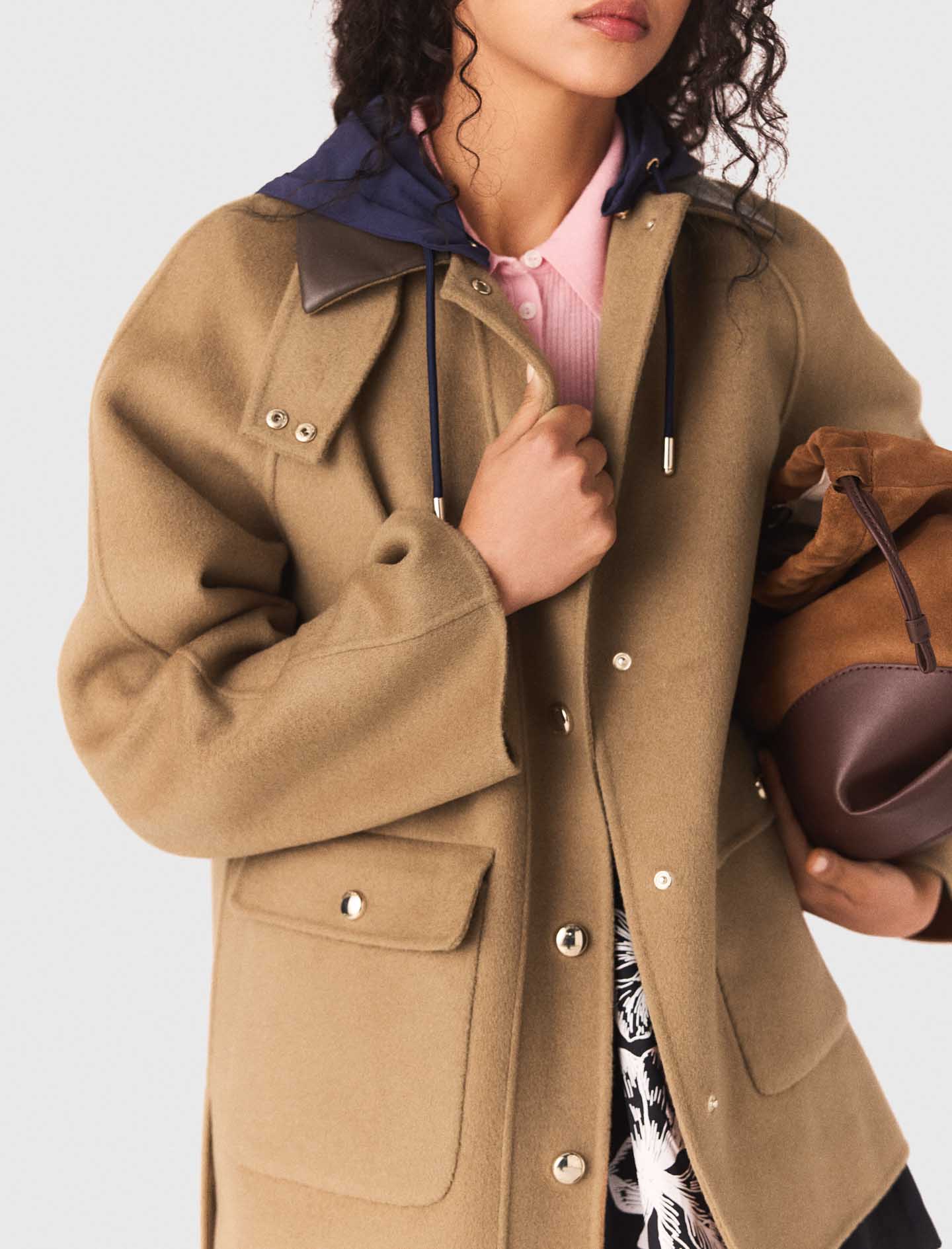 Wool Coat With Removable Hood BEIGE