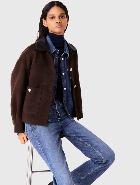 Short Wool Jacket With Pleated Back Brown