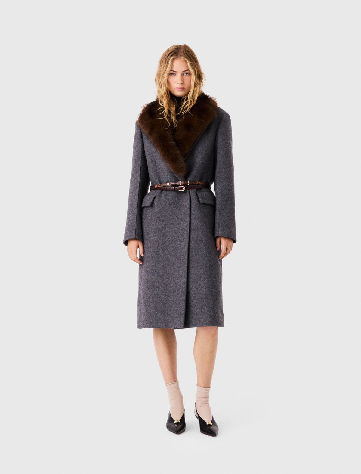 Long Coat With Faux Fur Collar Dark Grey