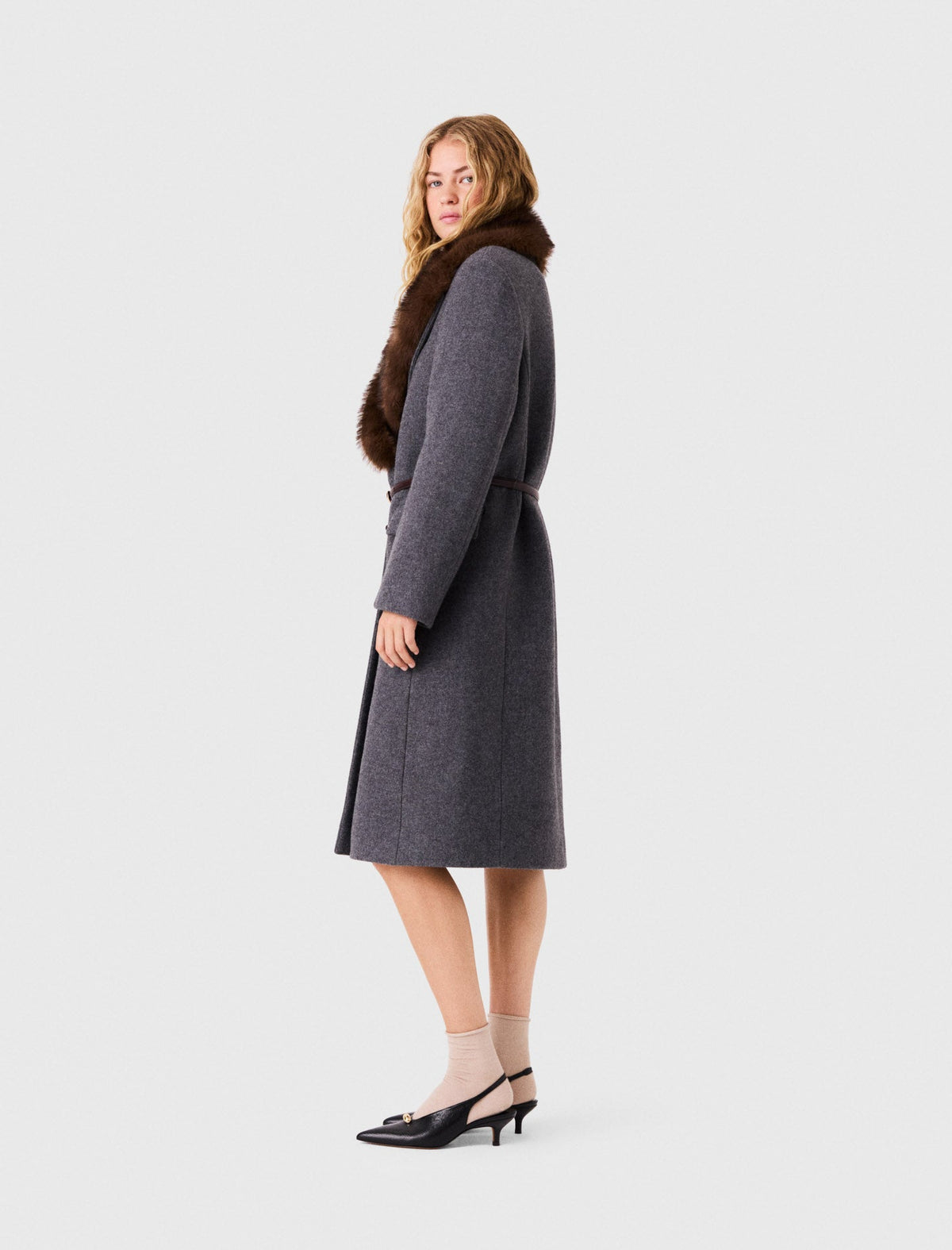 Long Coat With Faux Fur Collar Dark Grey