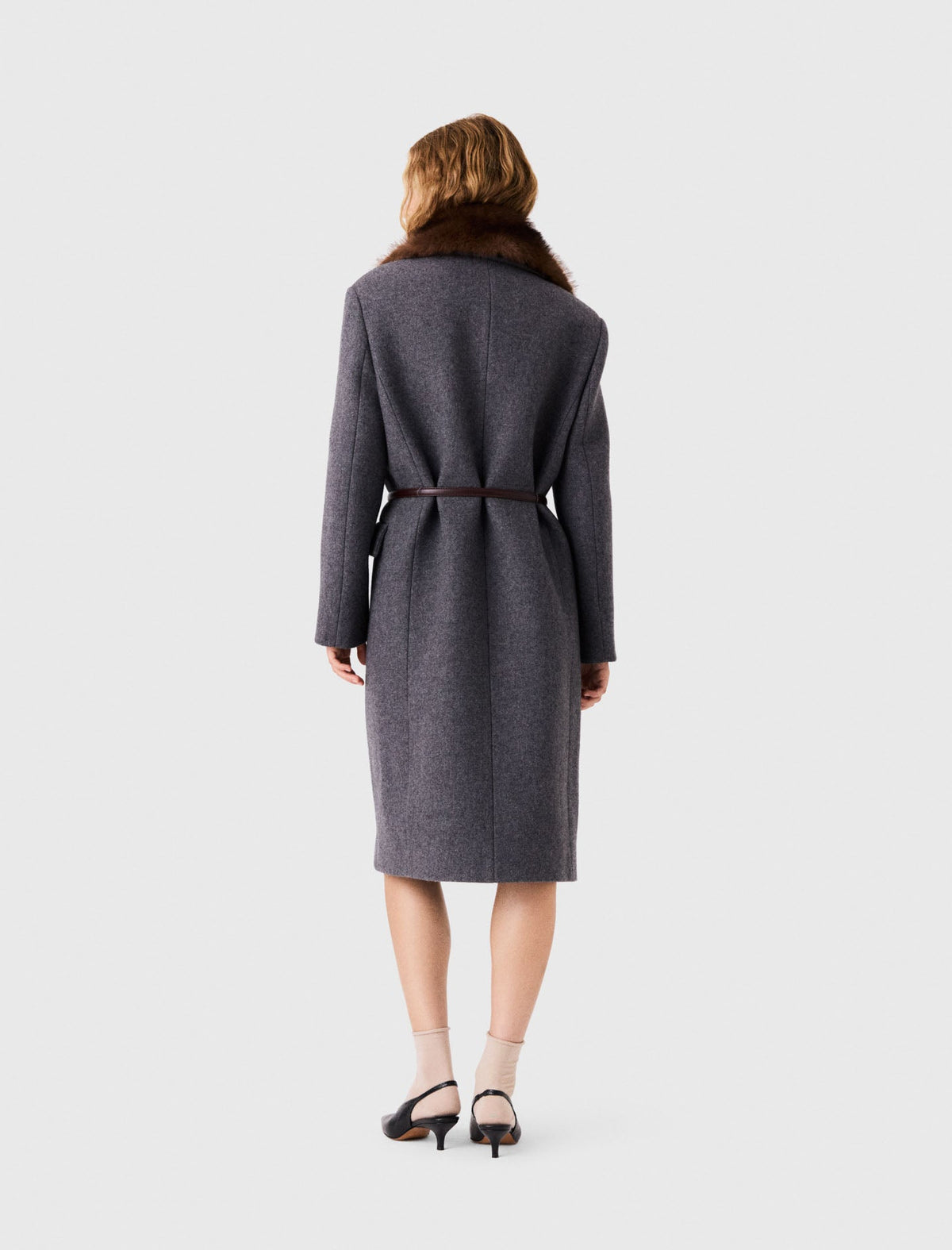 Long Coat With Faux Fur Collar Dark Grey
