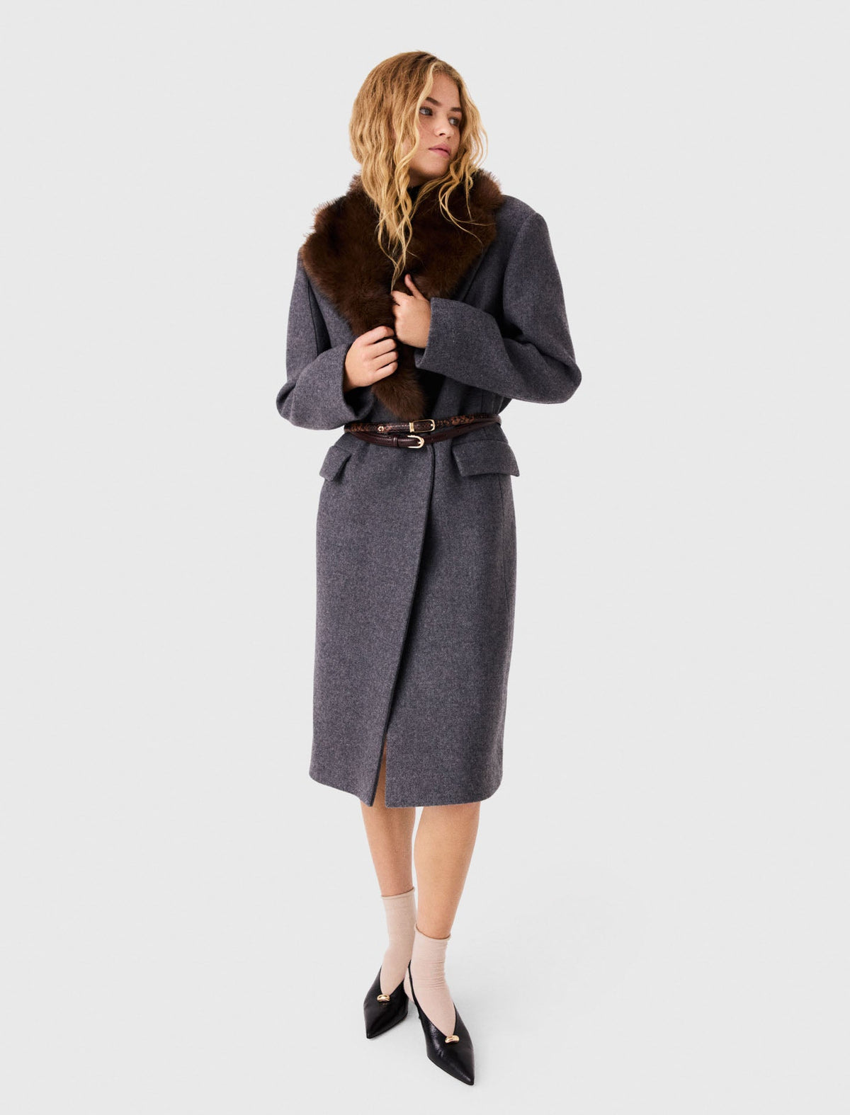 Long Coat With Faux Fur Collar Dark Grey