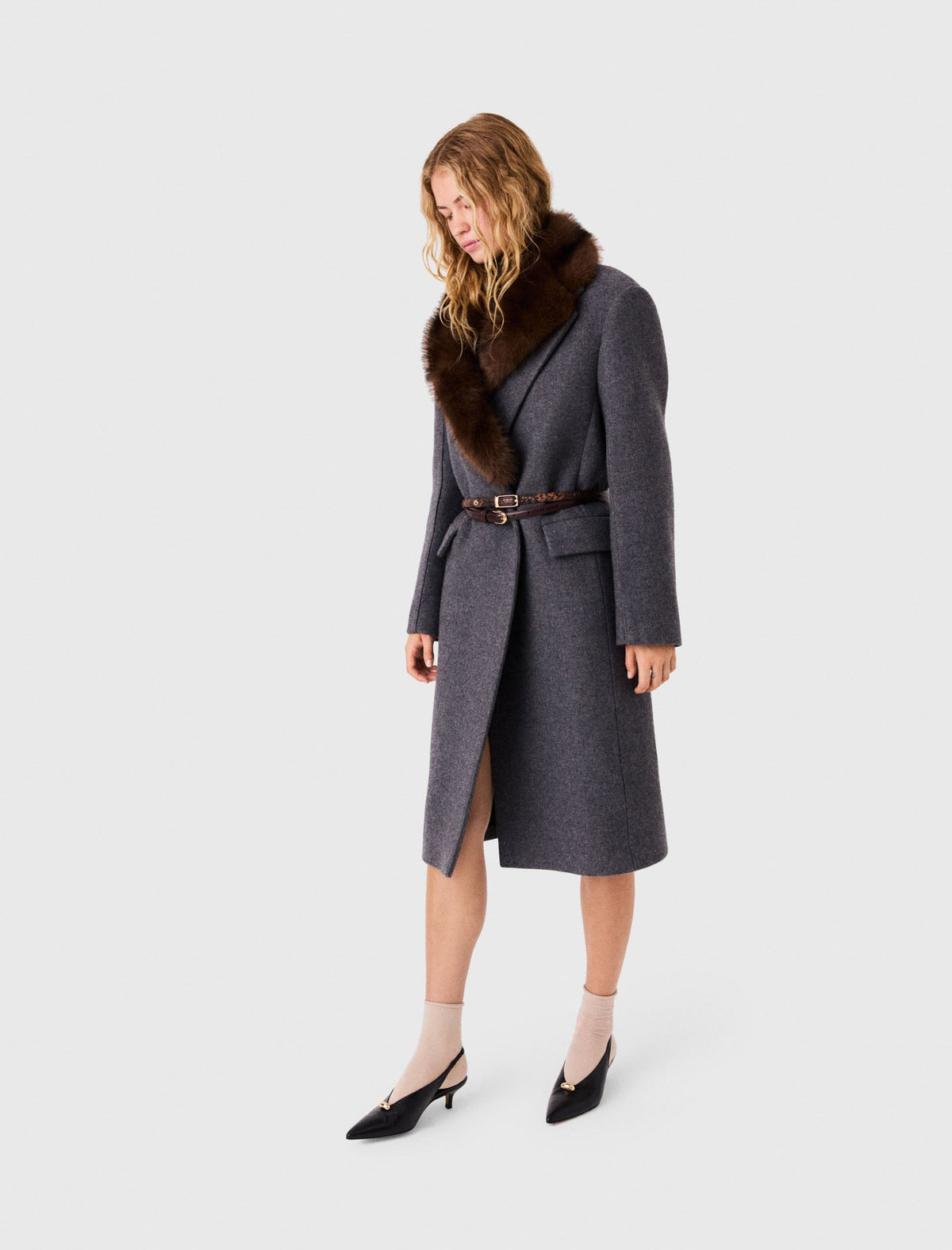 Long Coat With Faux Fur Collar Dark Grey