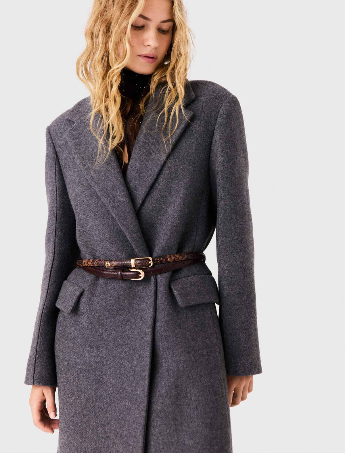Long Coat With Faux Fur Collar Dark Grey
