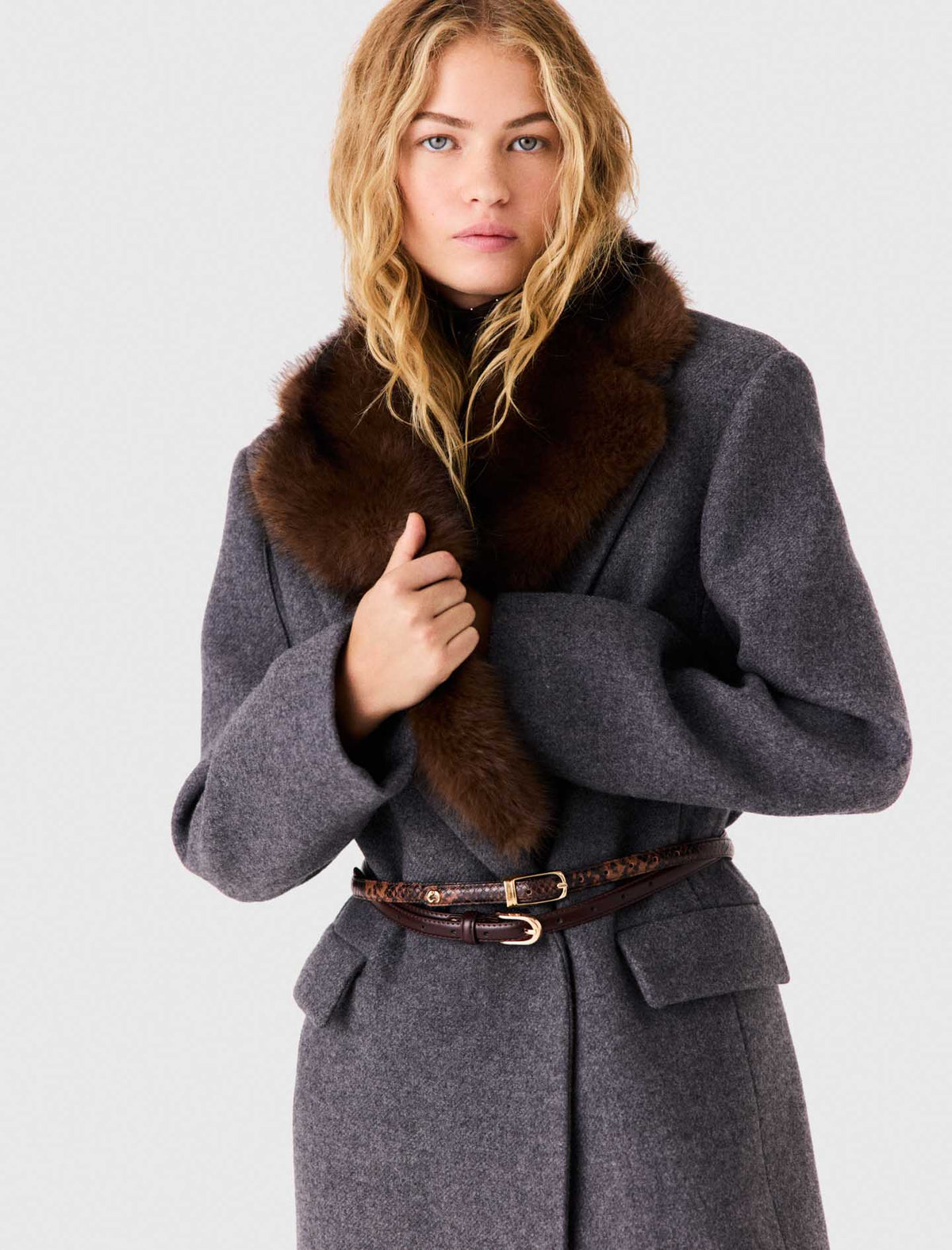 Long Coat With Faux Fur Collar Dark Grey