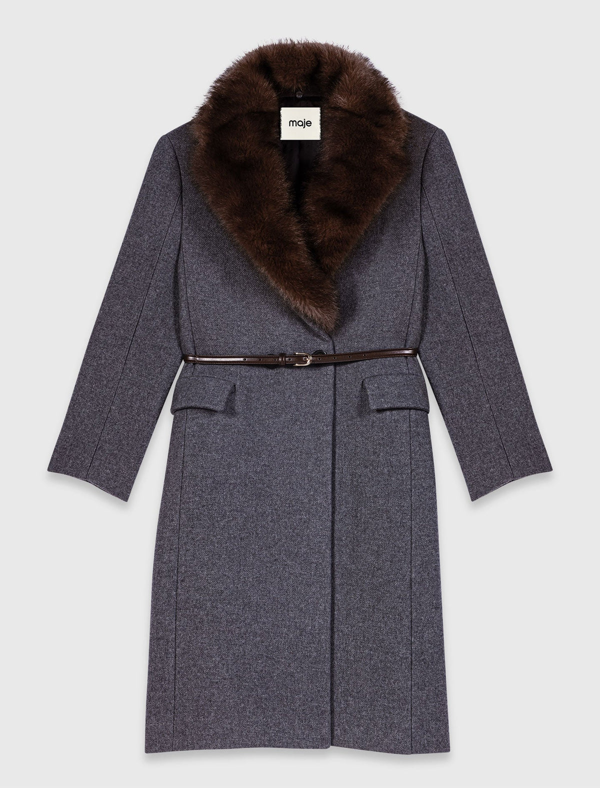 Long Coat With Faux Fur Collar Dark Grey