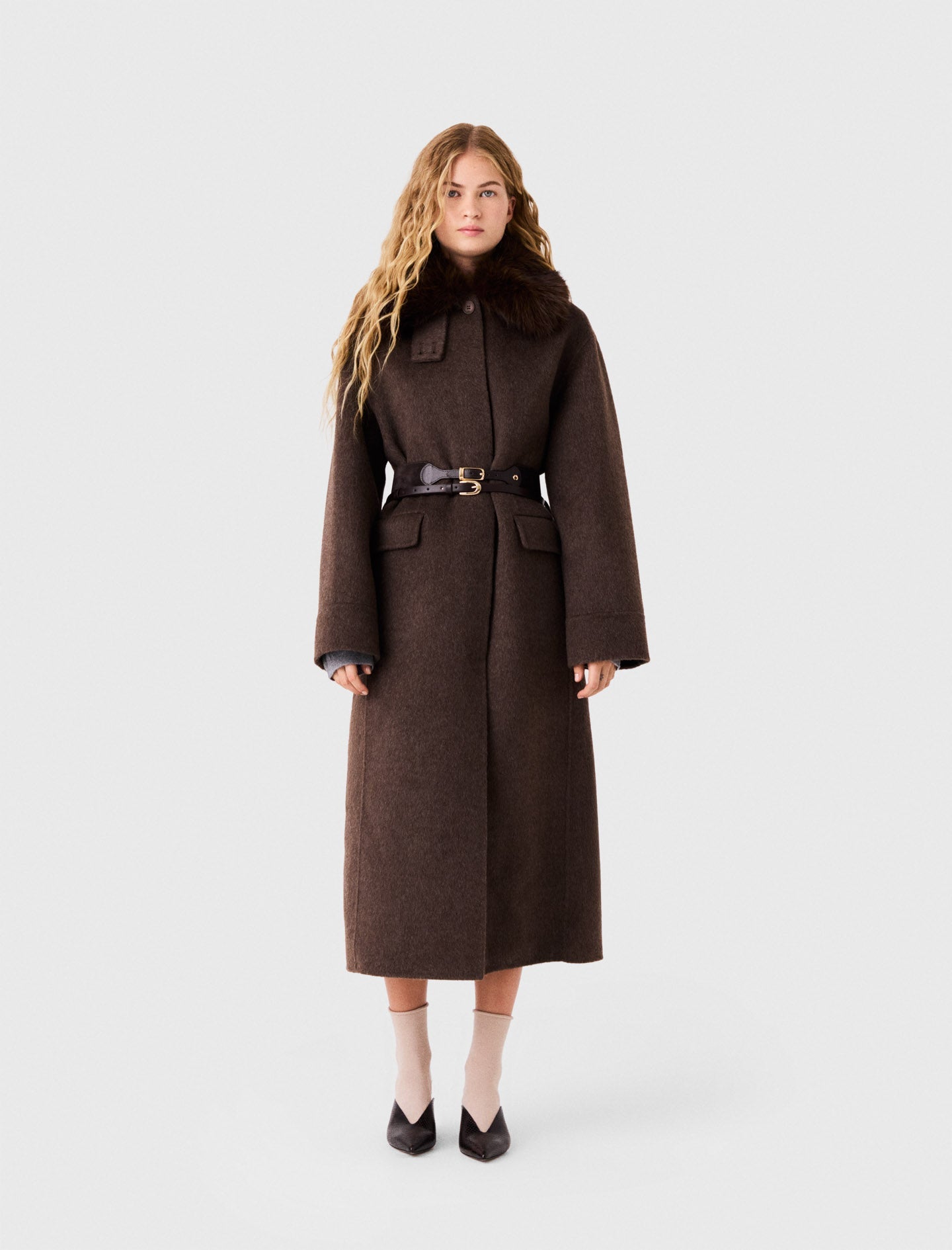 Long Coat With Faux Fur Collar Dark Brown