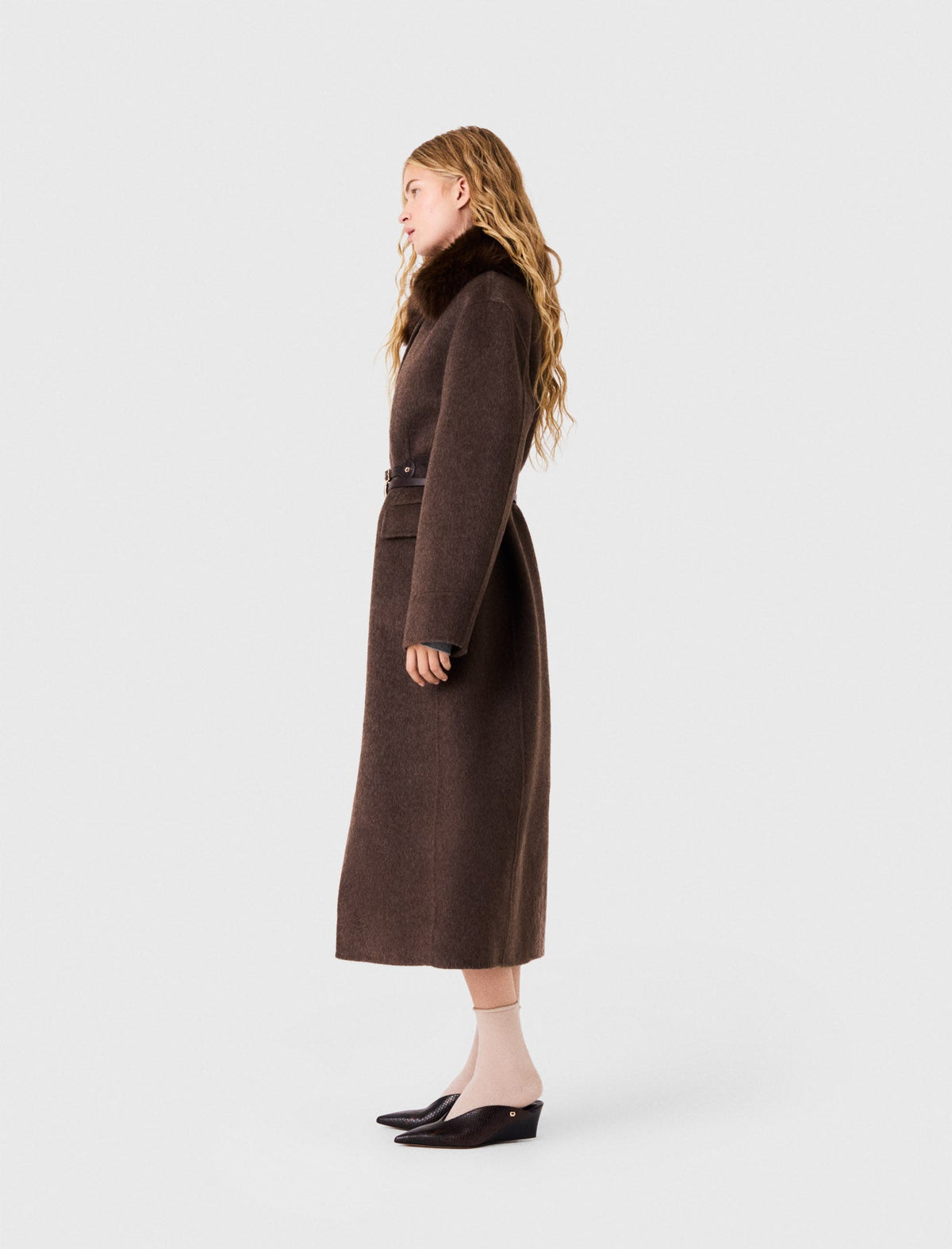 Long Coat With Faux Fur Collar Dark Brown