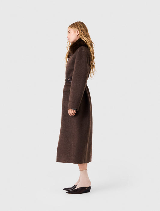 Long Coat With Faux Fur Collar Dark Brown