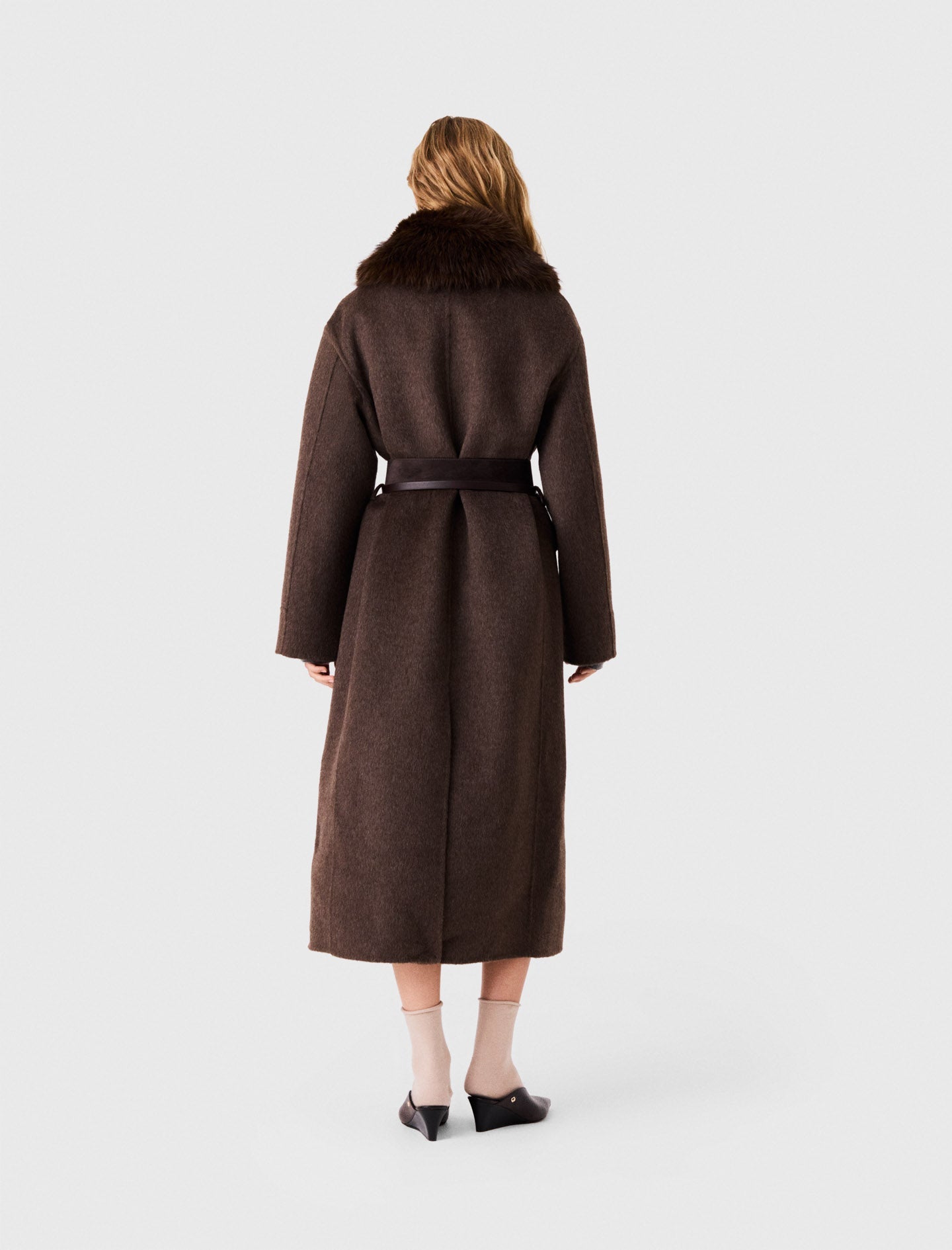 Long Coat With Faux Fur Collar Dark Brown