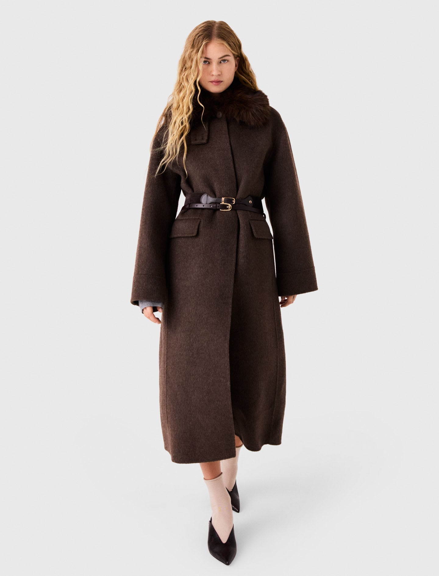 Long Coat With Faux Fur Collar Dark Brown