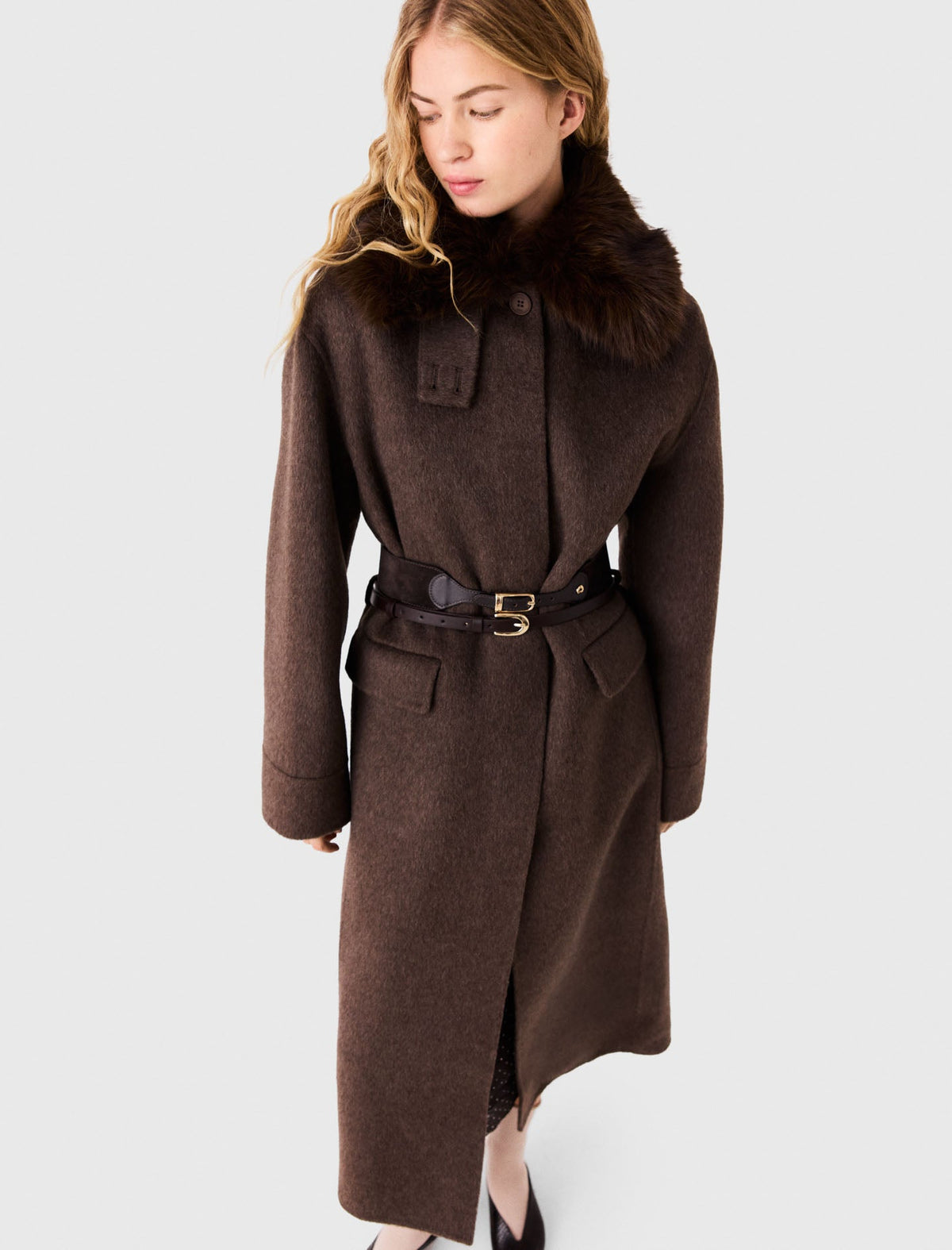 Long Coat With Faux Fur Collar Dark Brown