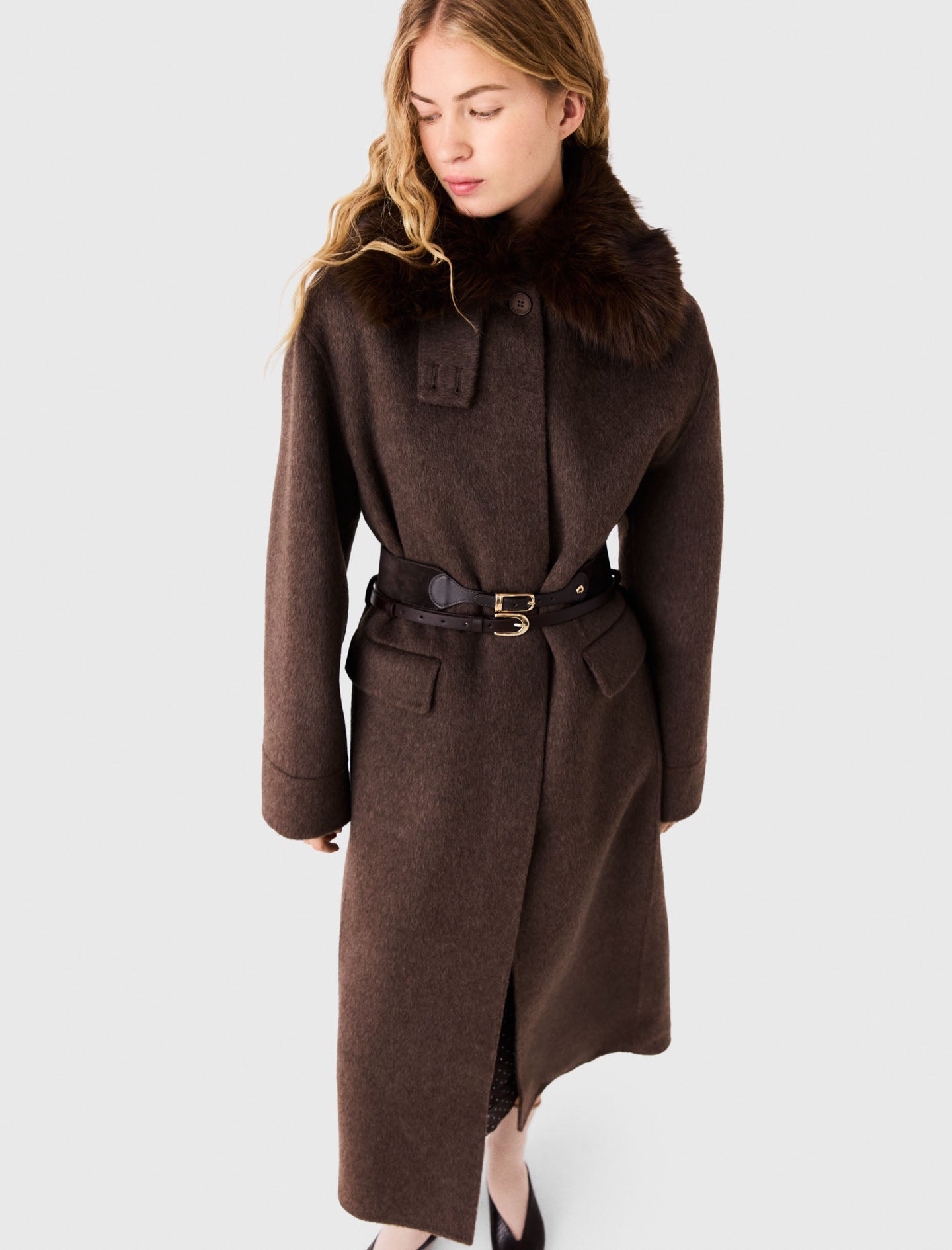Long Coat With Faux Fur Collar Dark Brown