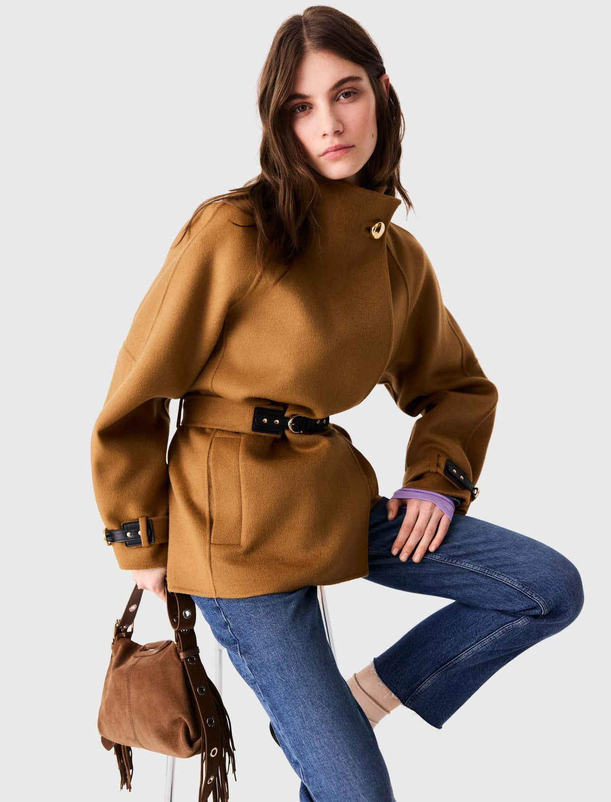 Belted Mid-Length Wool Coat Camel
