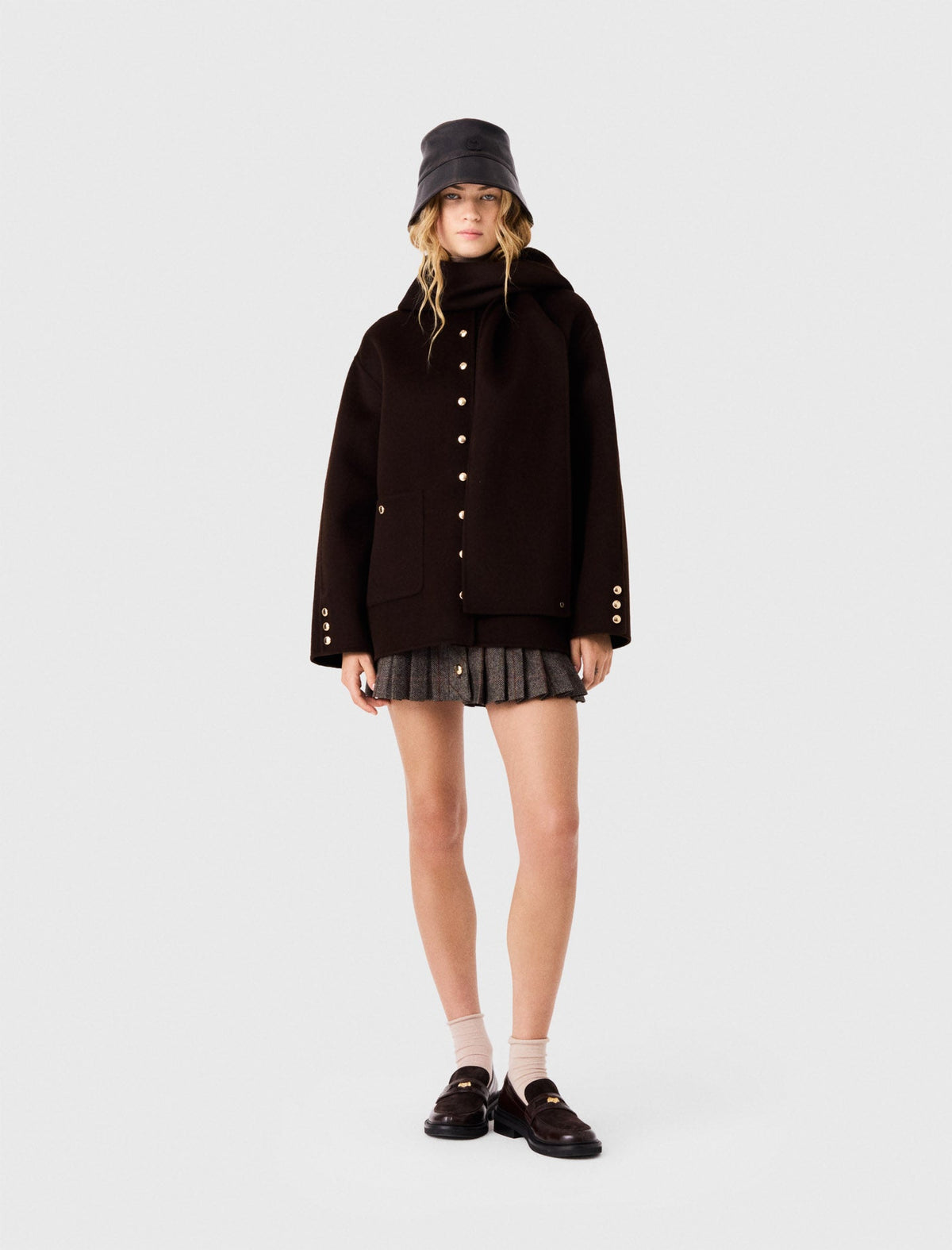 Wool Coat With Removable Scarf Dark Brown