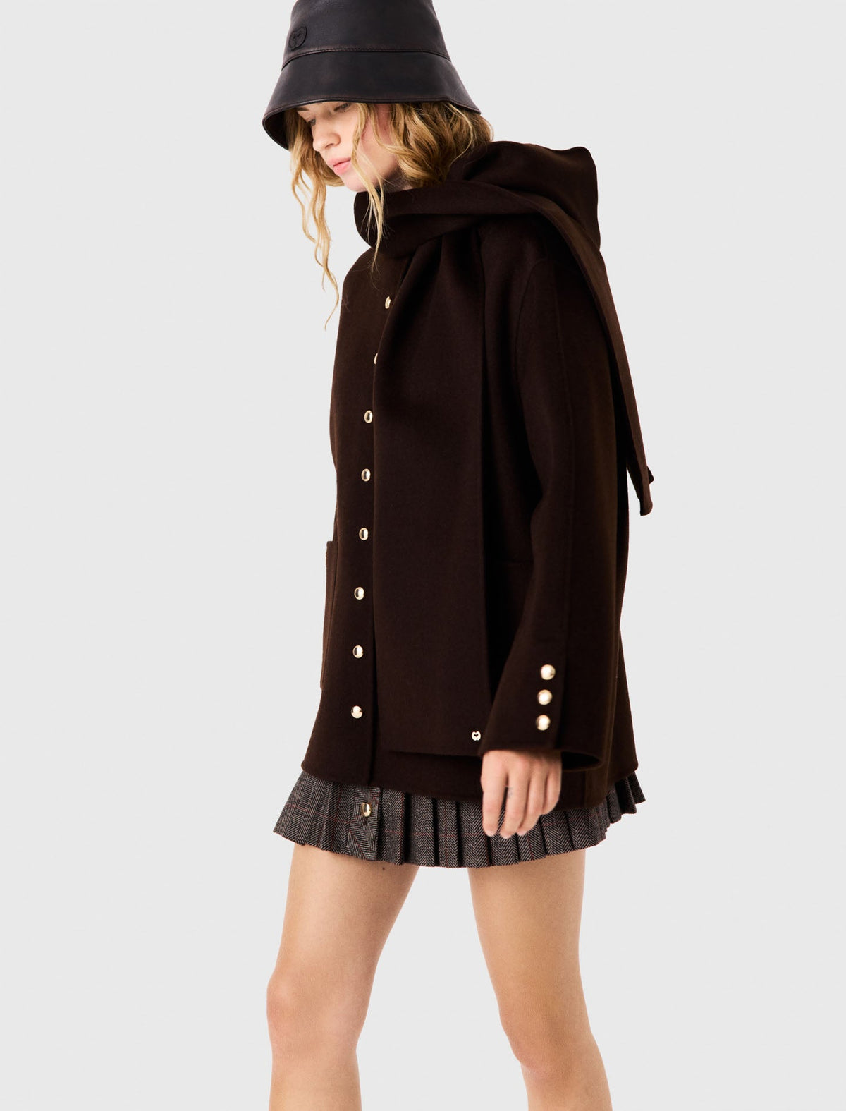 Wool Coat With Removable Scarf Dark Brown